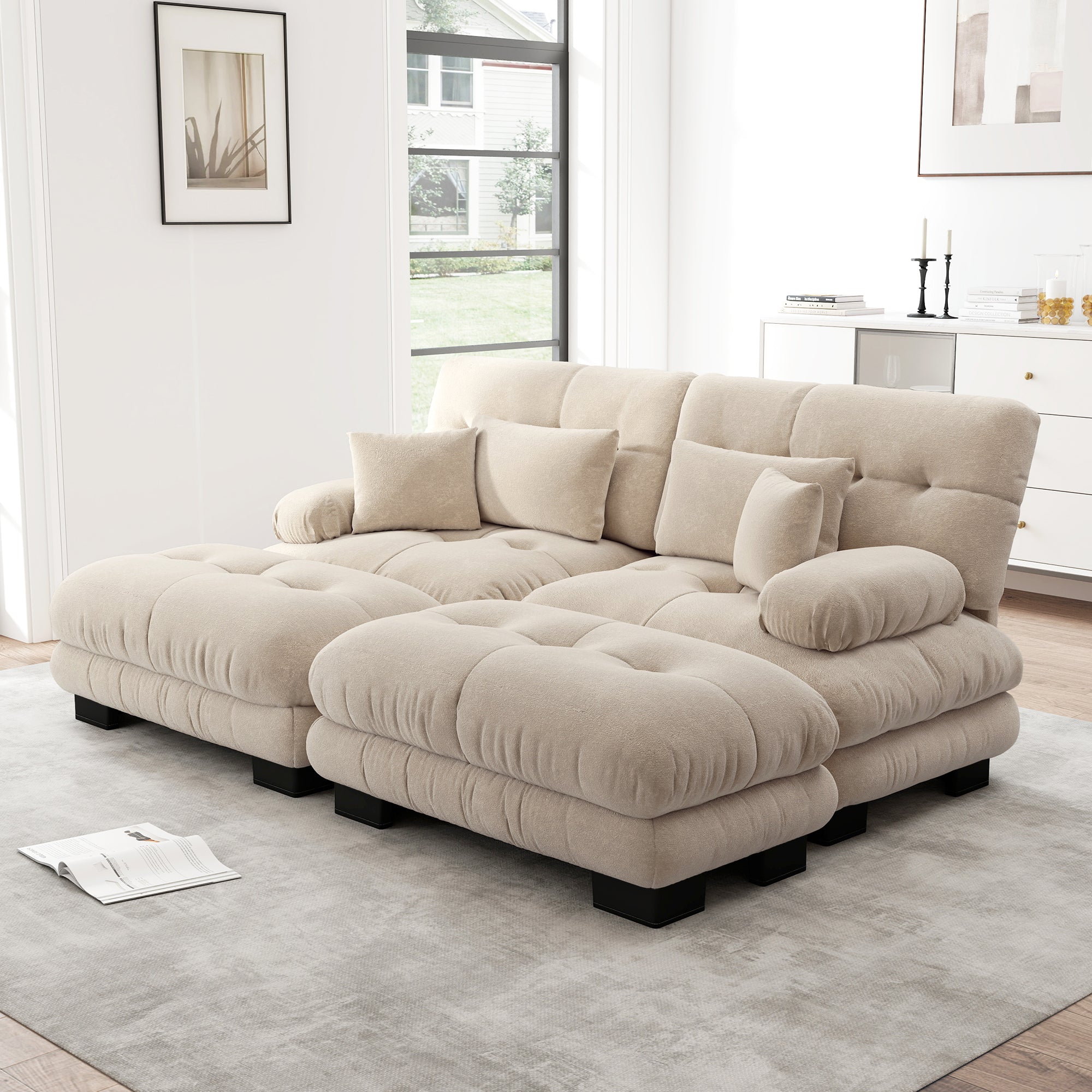 Cloud Corner Sofa, Double with Lumbar & Decorative Pillows, Ottomans, Chenille Light Brown