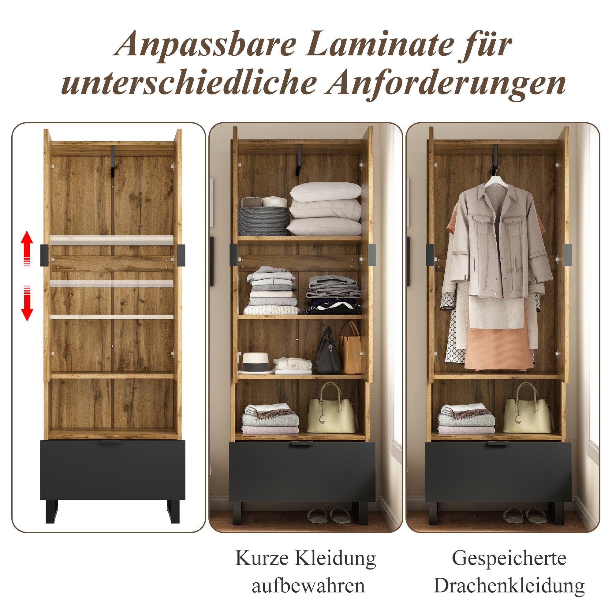 Wardrobe, 1 Drawer, Adjustable Shelves, Clothes Rail, Wood and Black