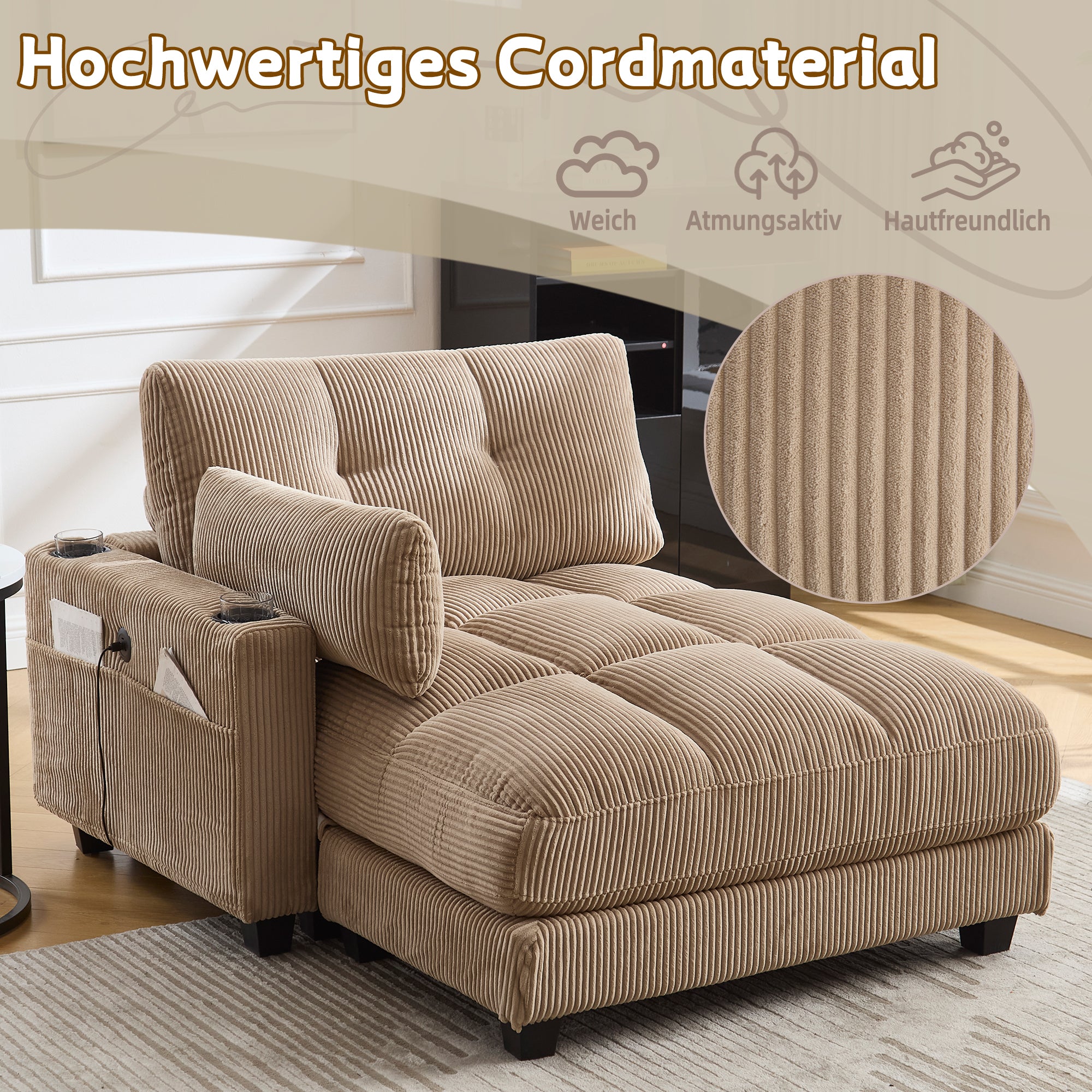 Palm Chair, Fluffy Striped, Rolling Cushions, Head Flaps, Side Pocket, Khaki