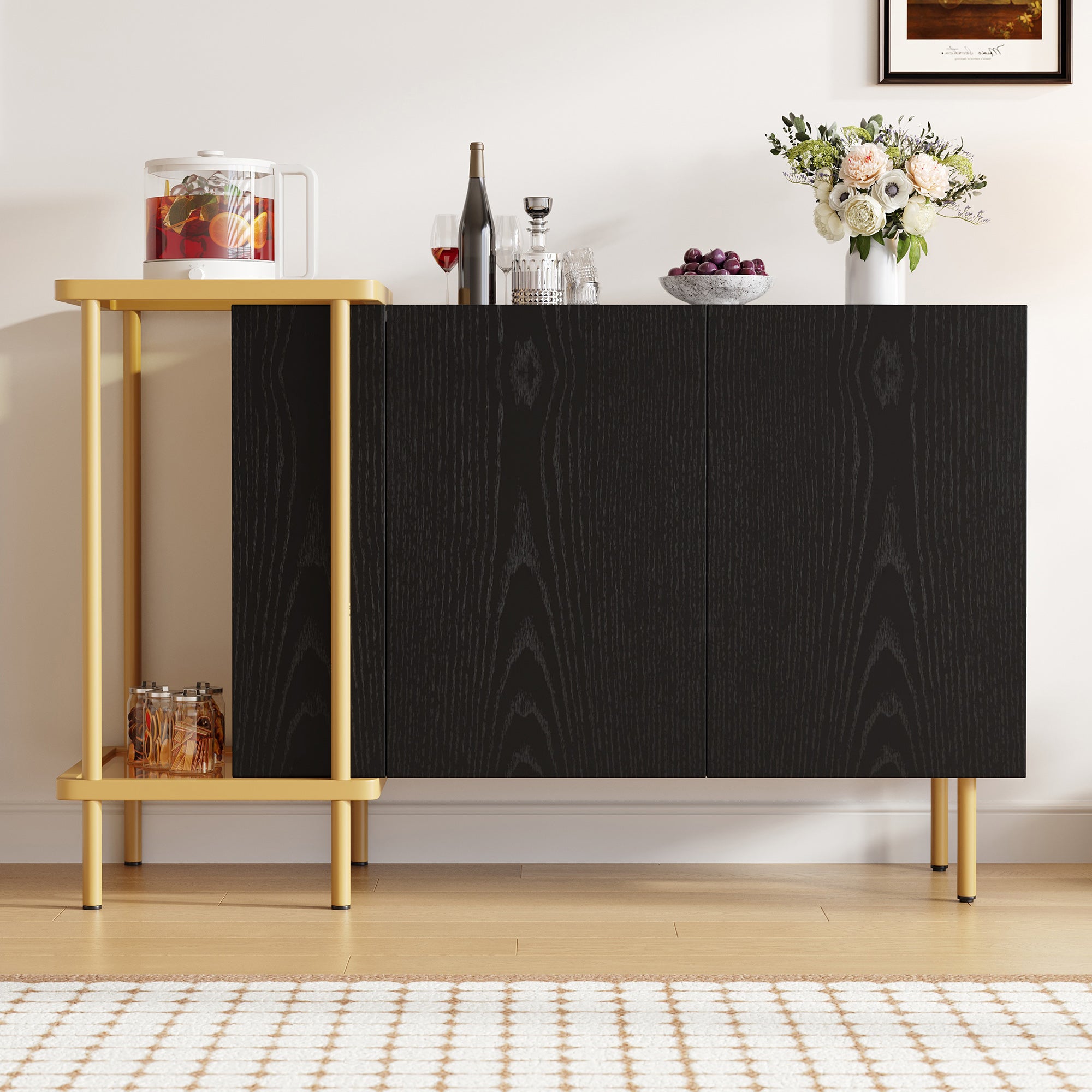 Sideboard Cabinet, 2 Doors & 2 Open Compartments, Metal/Glass, Black