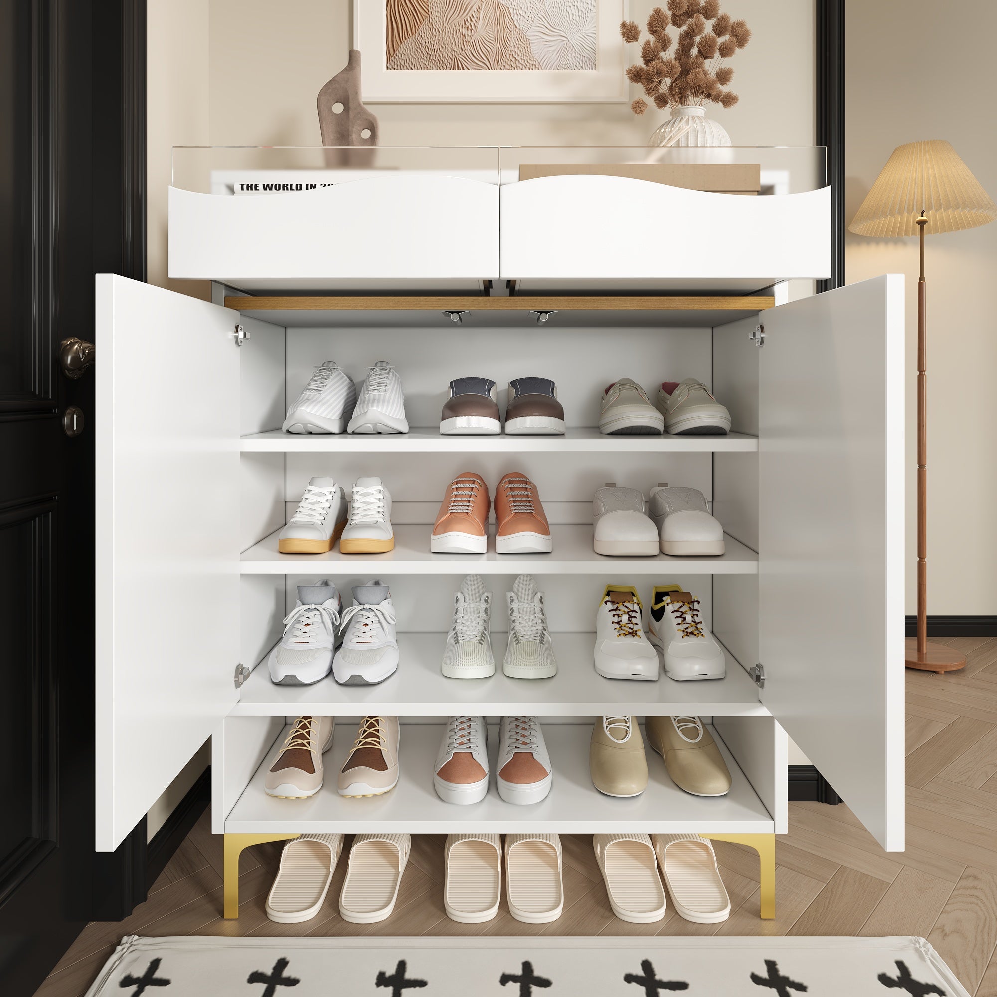 Shoe Cabinet, LED 16 Colors, Drawers & Shelves, Modern White