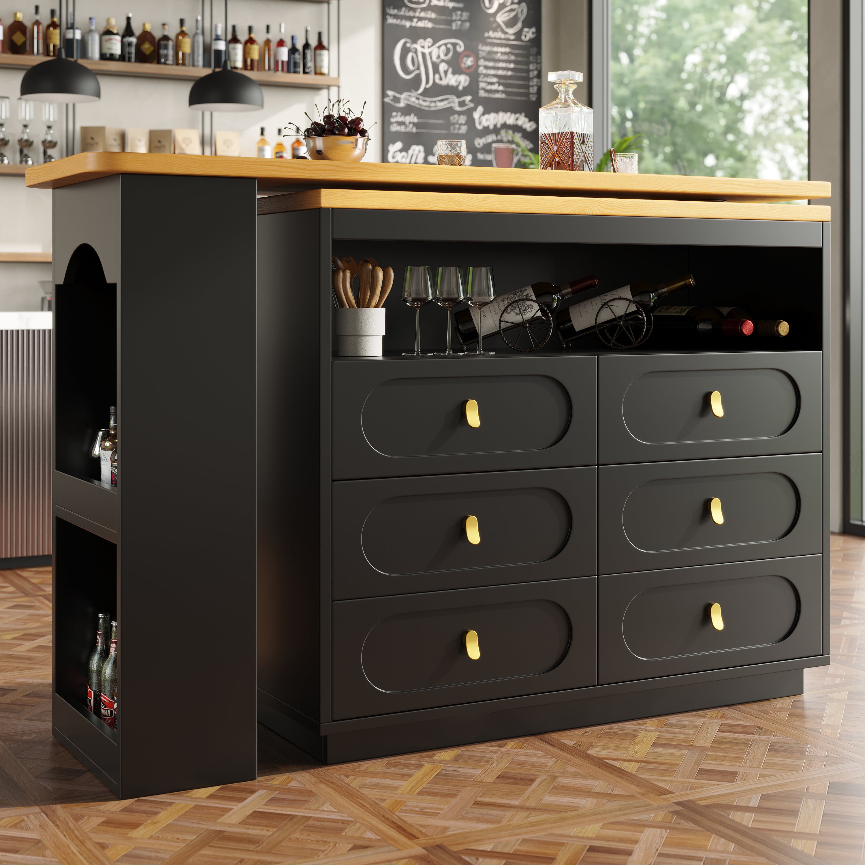 Bar Table Extendable 360° Swivel Mobile Storage Drawers - Black