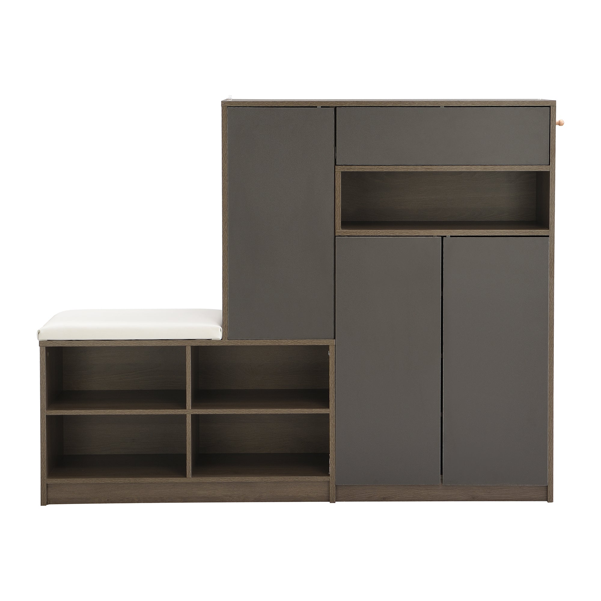 Shoe storage bench and cabinet with padded seat, adjustable shelves, gray