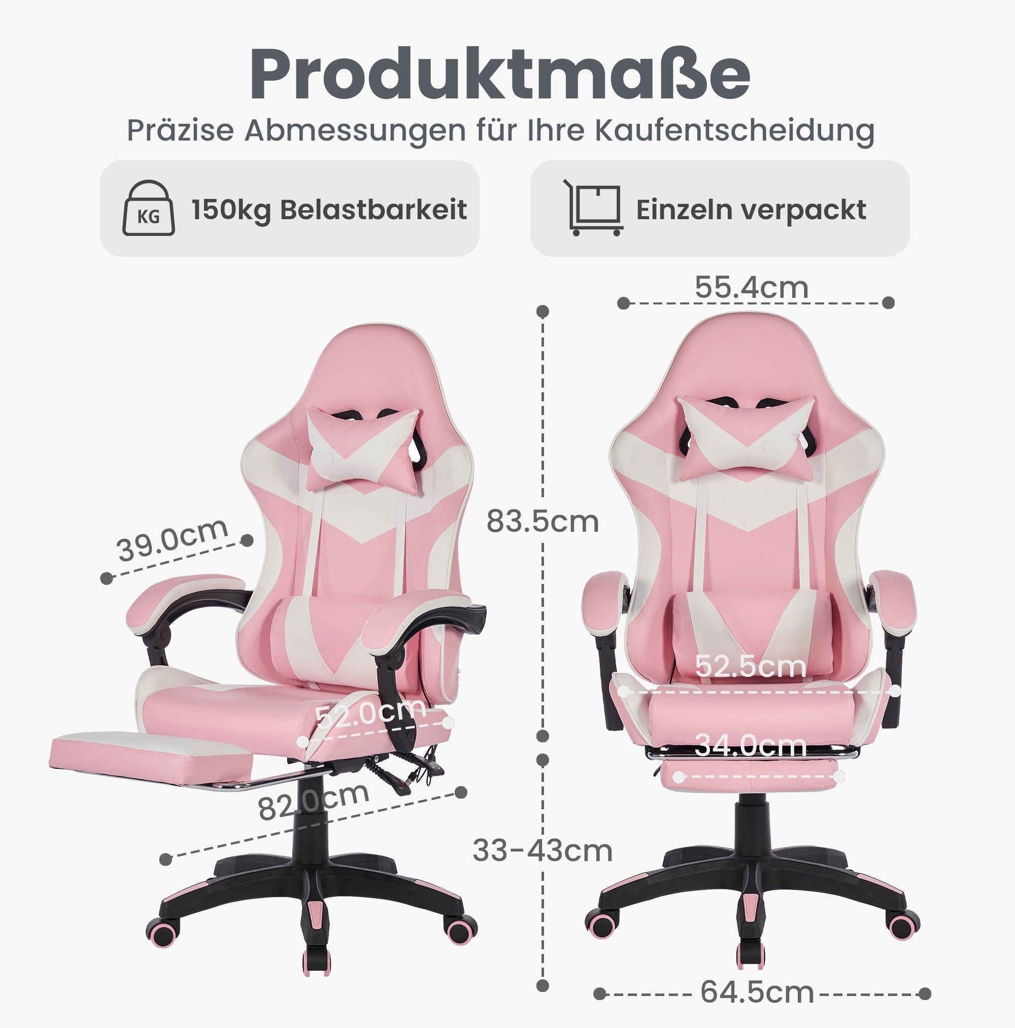 Gaming Chair 360° Swivel Ergonomic Racing High-Back Adjustable with Footrest and Lumbar Support – White & Pink Leather