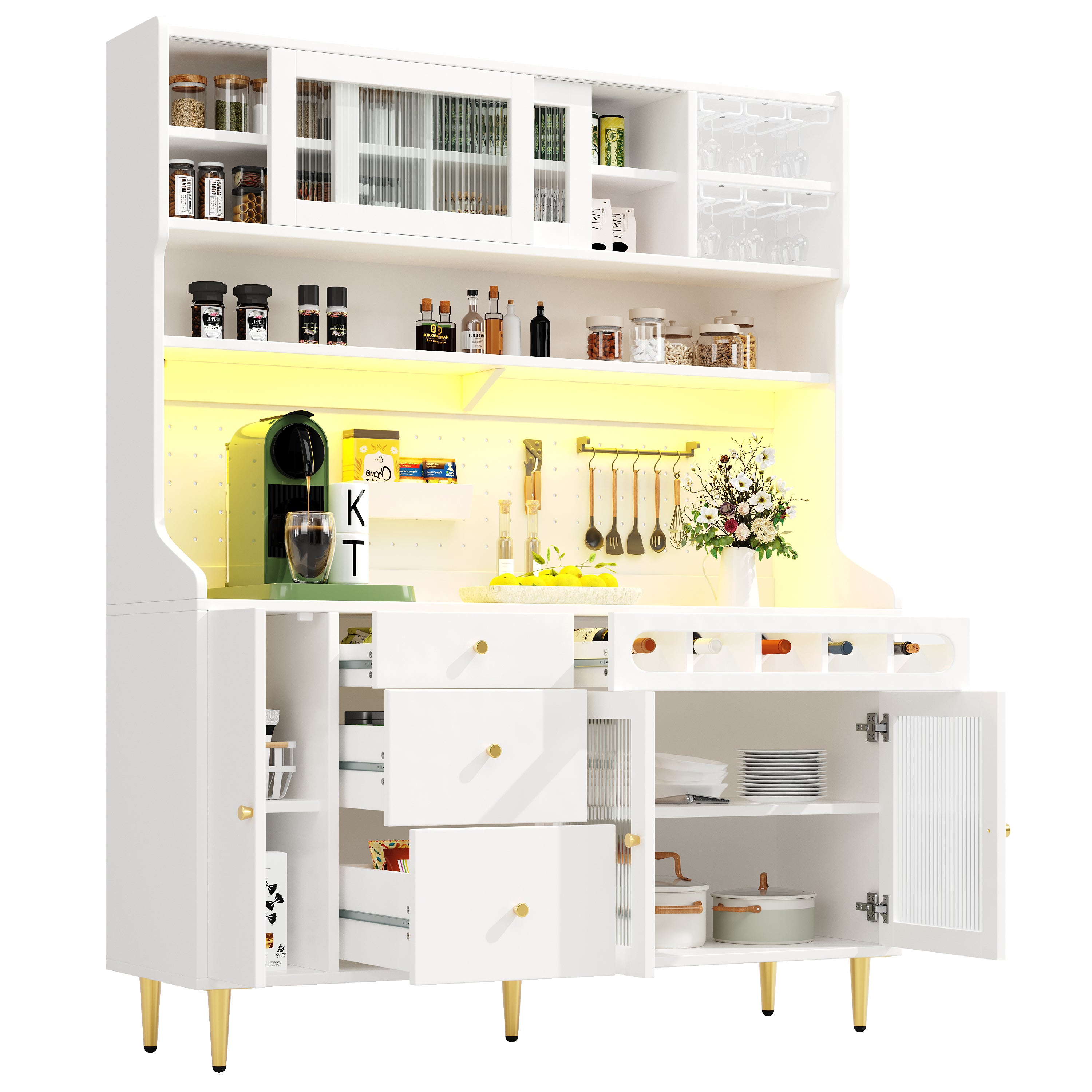 Tall Cabinet 145x39x171cm Adjustable Shelves LED Lighting Wine Rack white