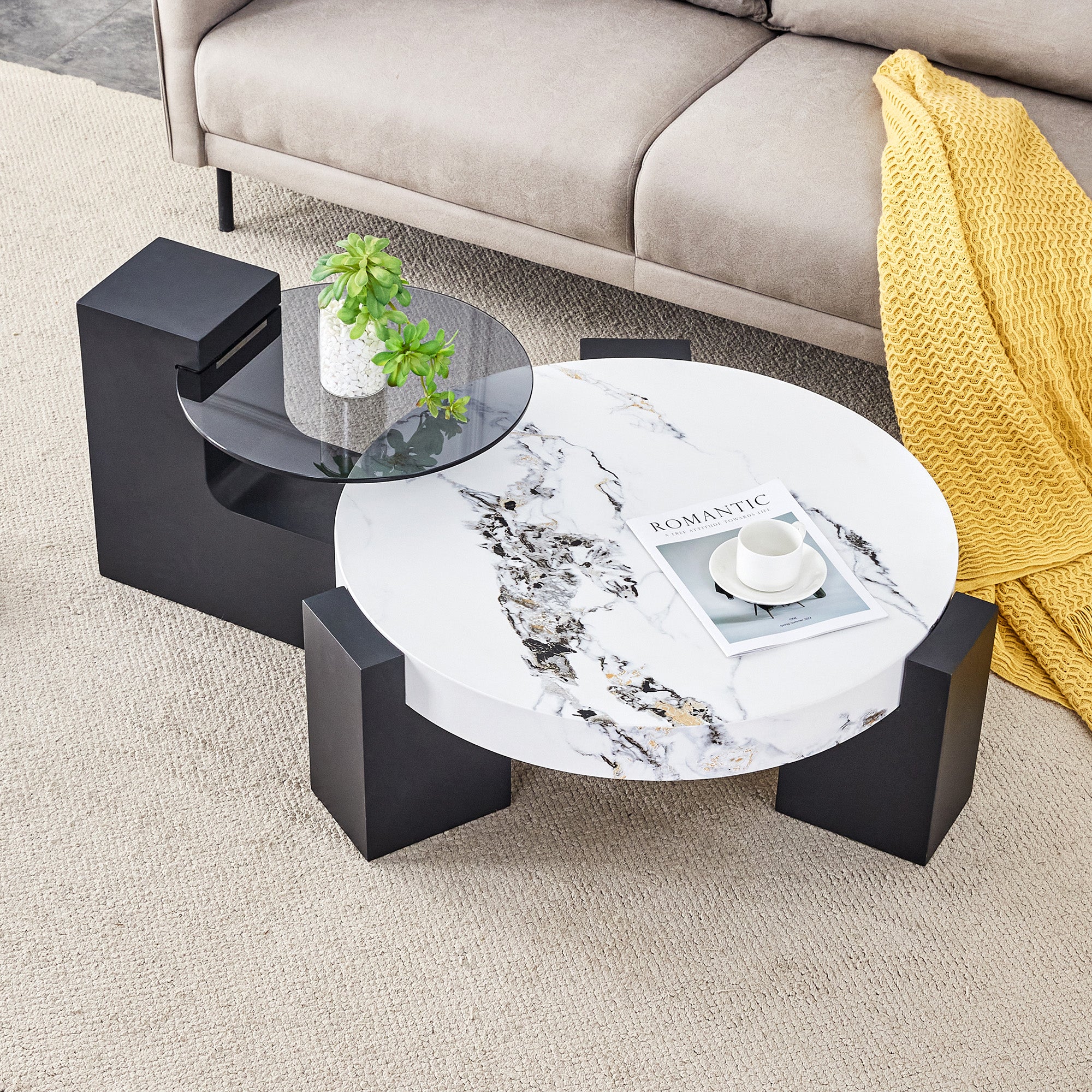 Round Side Table Two Levels Grey Glass Marble Effect Top - Black MDF