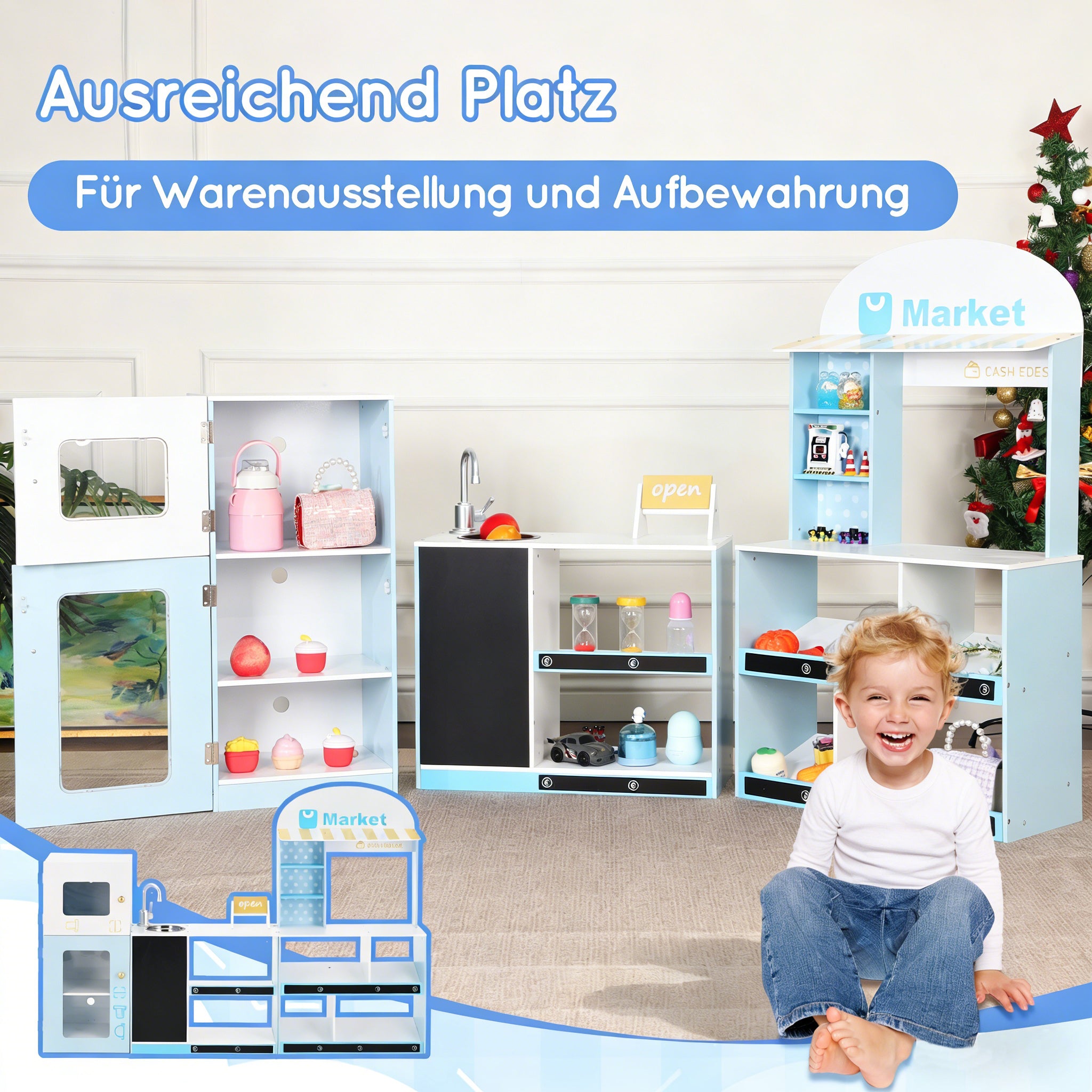 Children's Toy Shop with Shelves, Refrigerator and Chalkboard, Wood and Plastic, Blue
