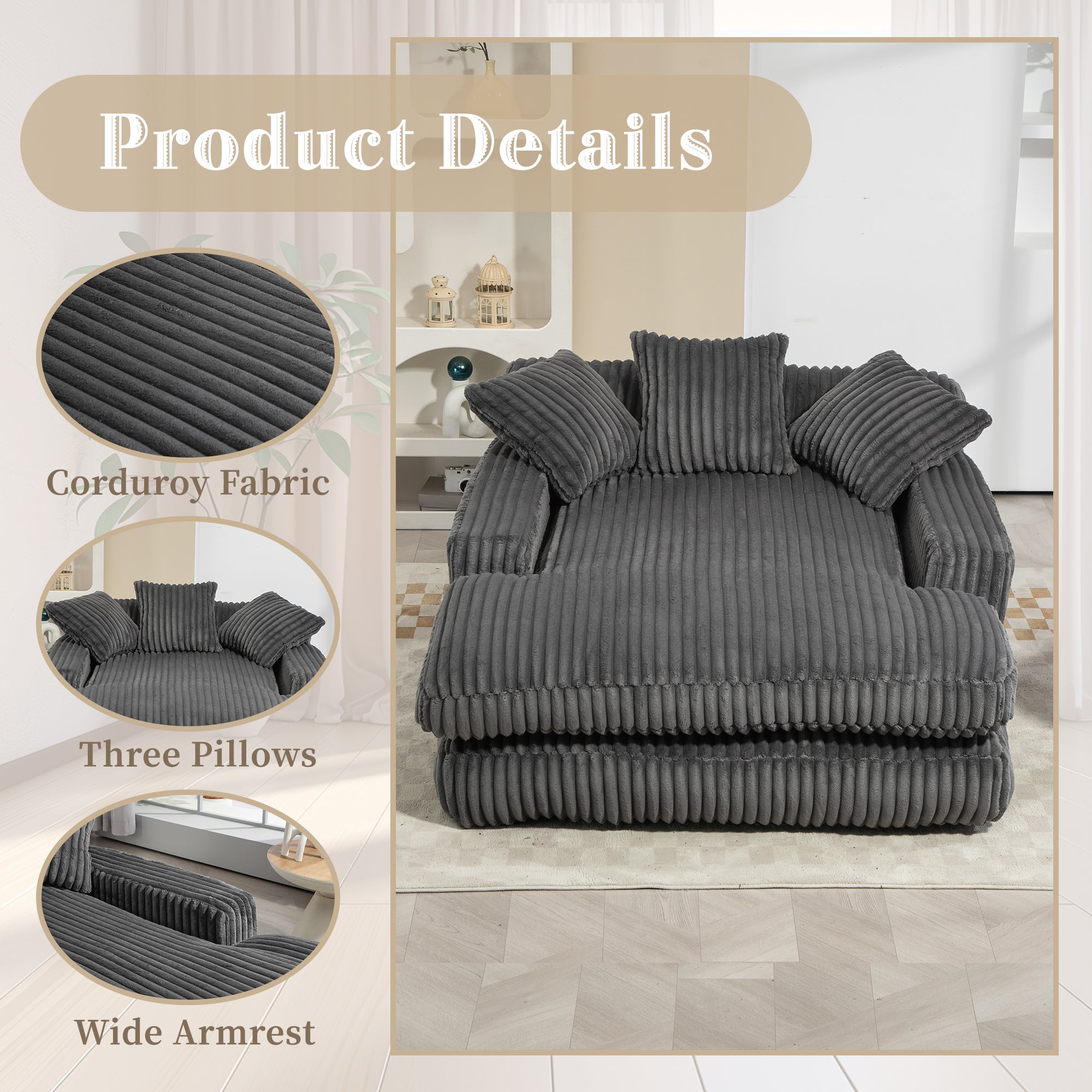 GOMYWAY Oversized Chaise Lounge Sofa Sleeper Chair with Throw Pillows, Dark Gray