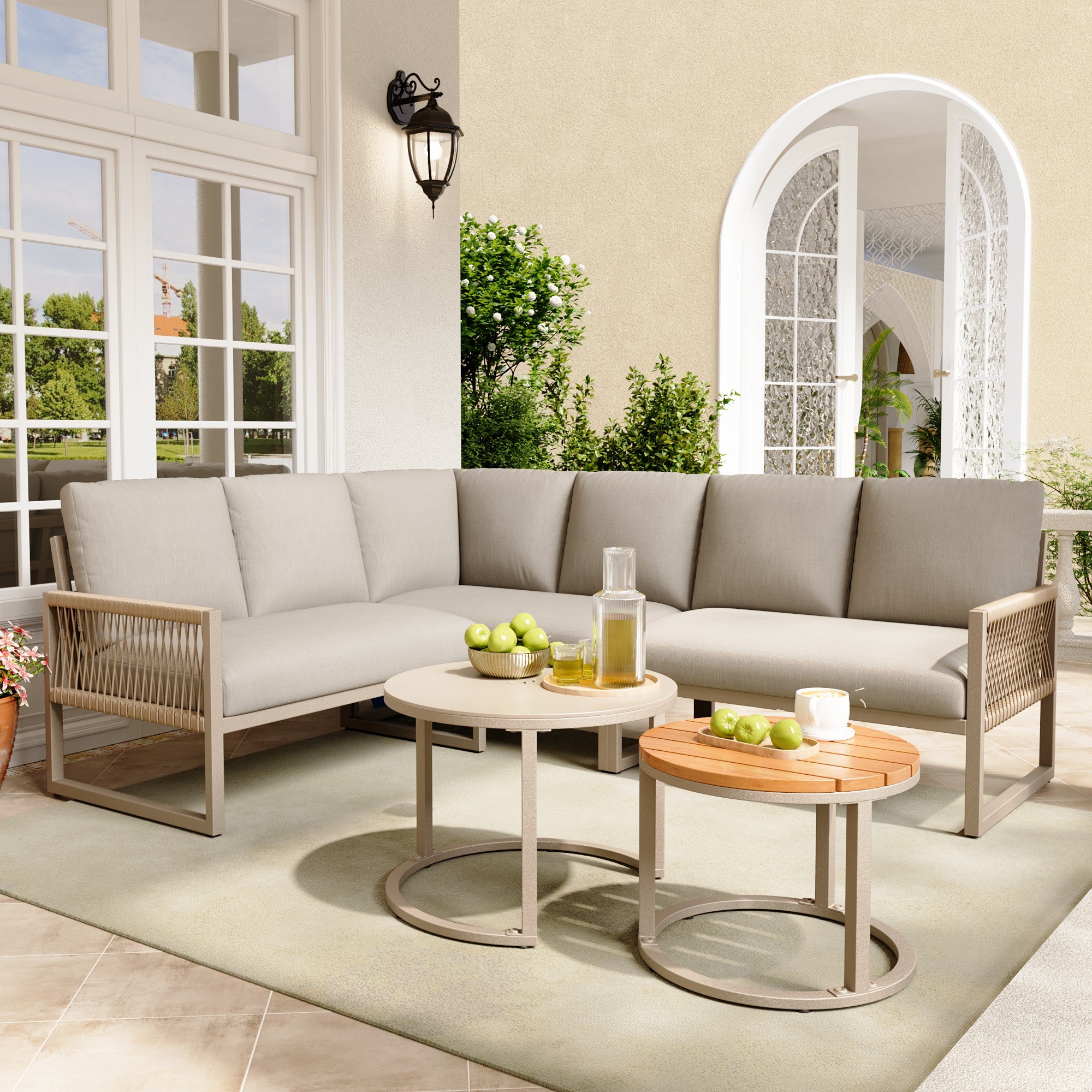 Garden Lounge Set Corner Sofa 6-7 Seater Galvanized Iron Frame - Beige