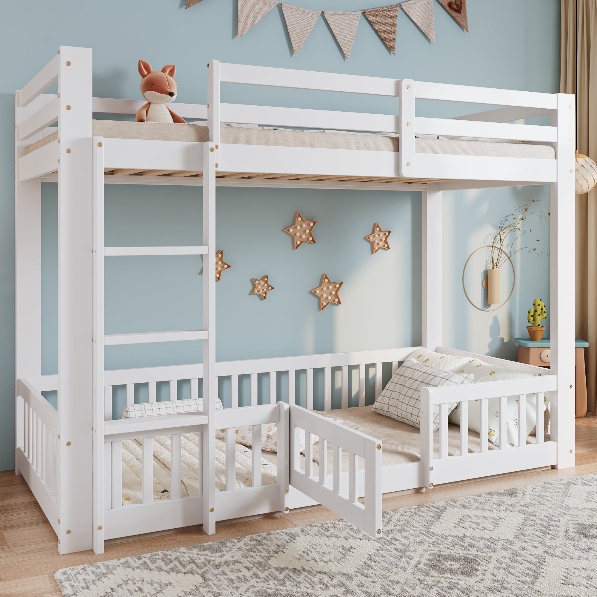 Bunk Bed, Wooden with Right-Angled Stairs, Railing, Fall Protection, White