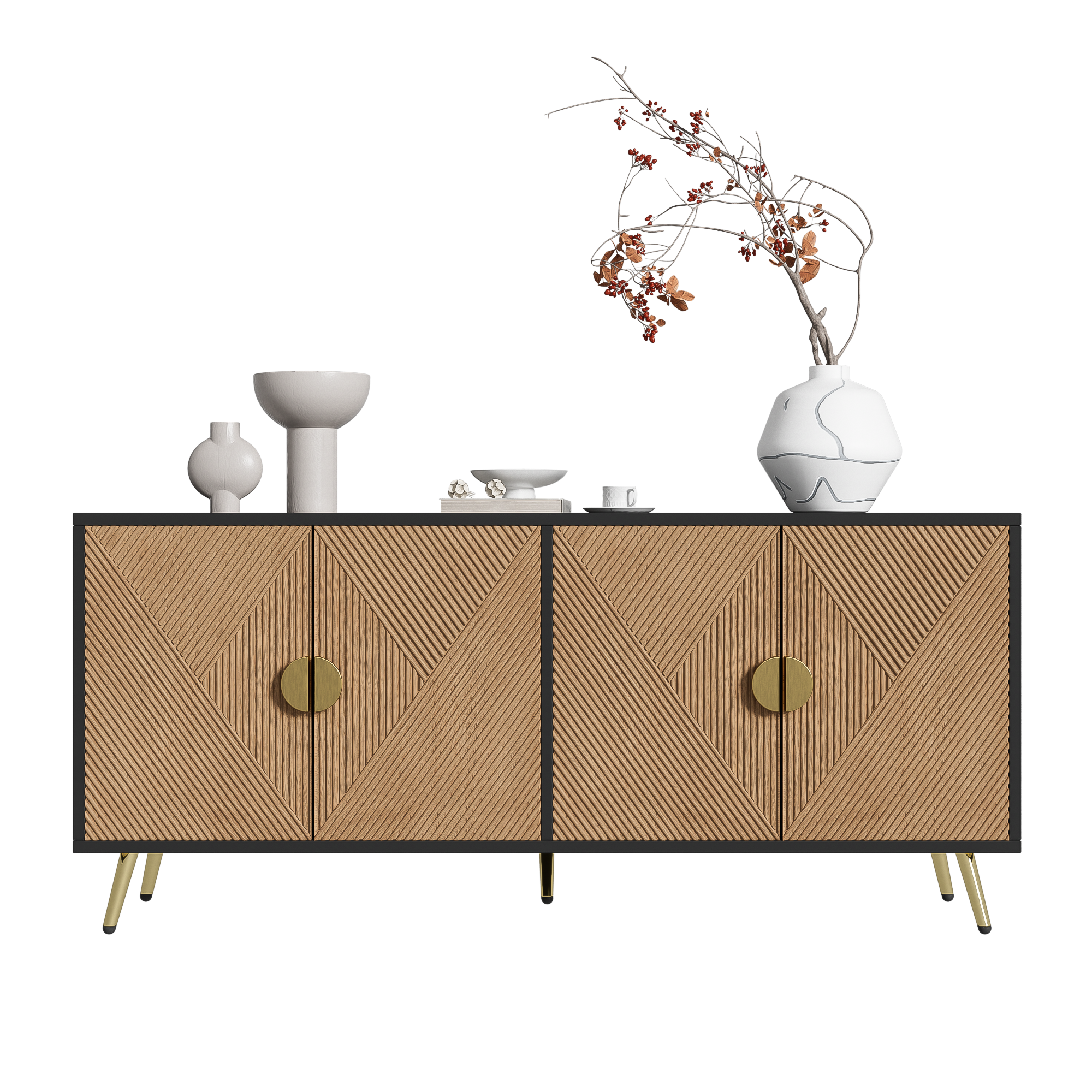 Sideboard, 160 cm, Four Doors, Golden Brushed Handles, High-Gloss Table Legs