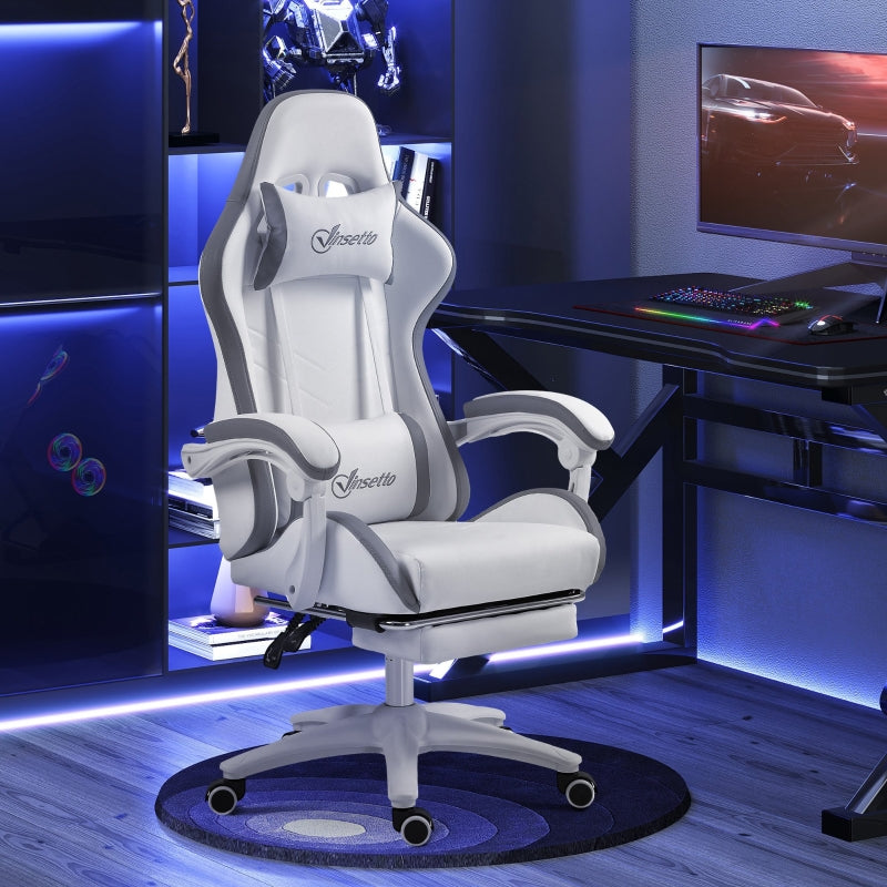 Computer Gaming Chair, 135° Reclining Back Footrest Lumbar Support, White and Grey PU Leather