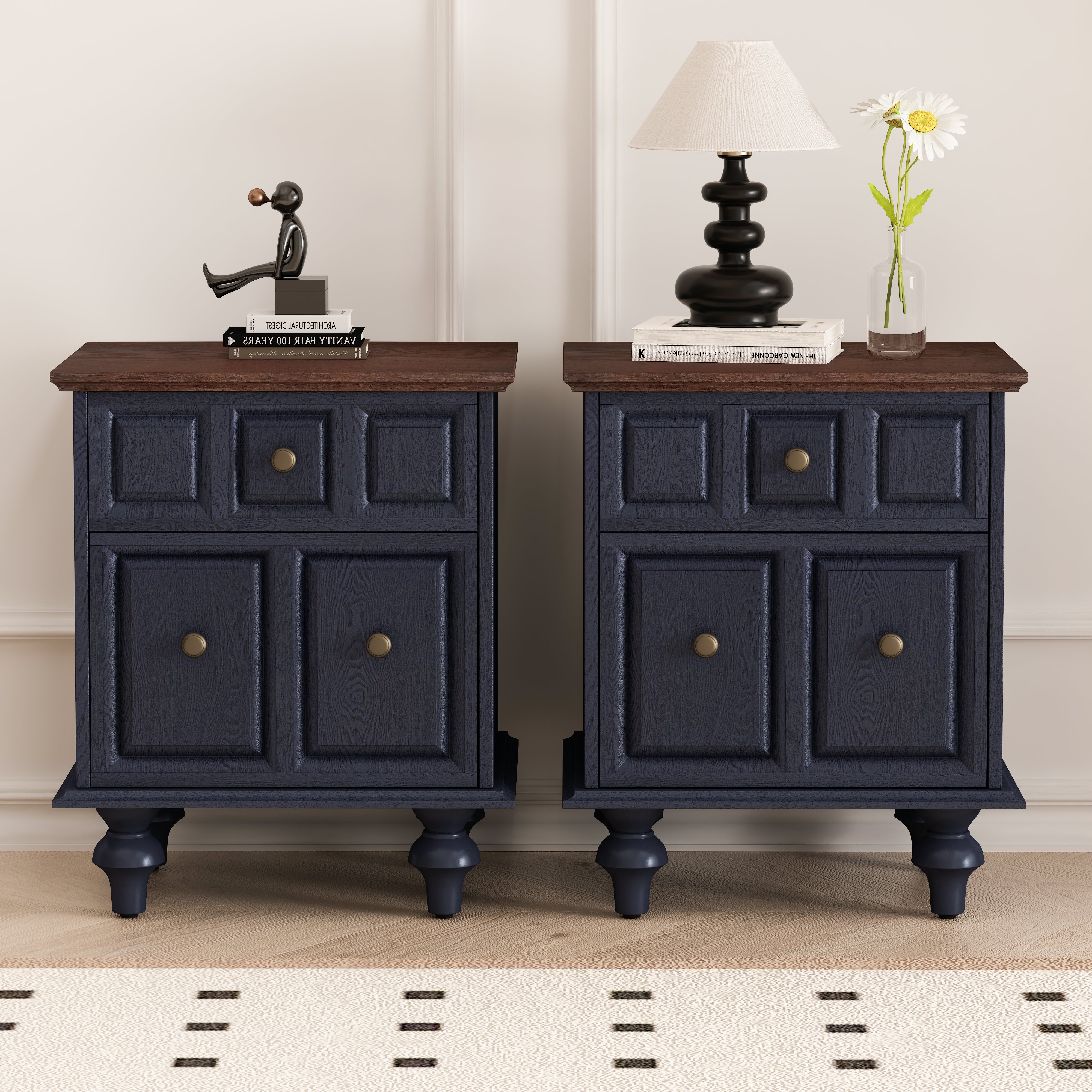 Vintage Bedside Table 52CM with 2 Drawers Roman Column Legs Solid Wood Dark Blue