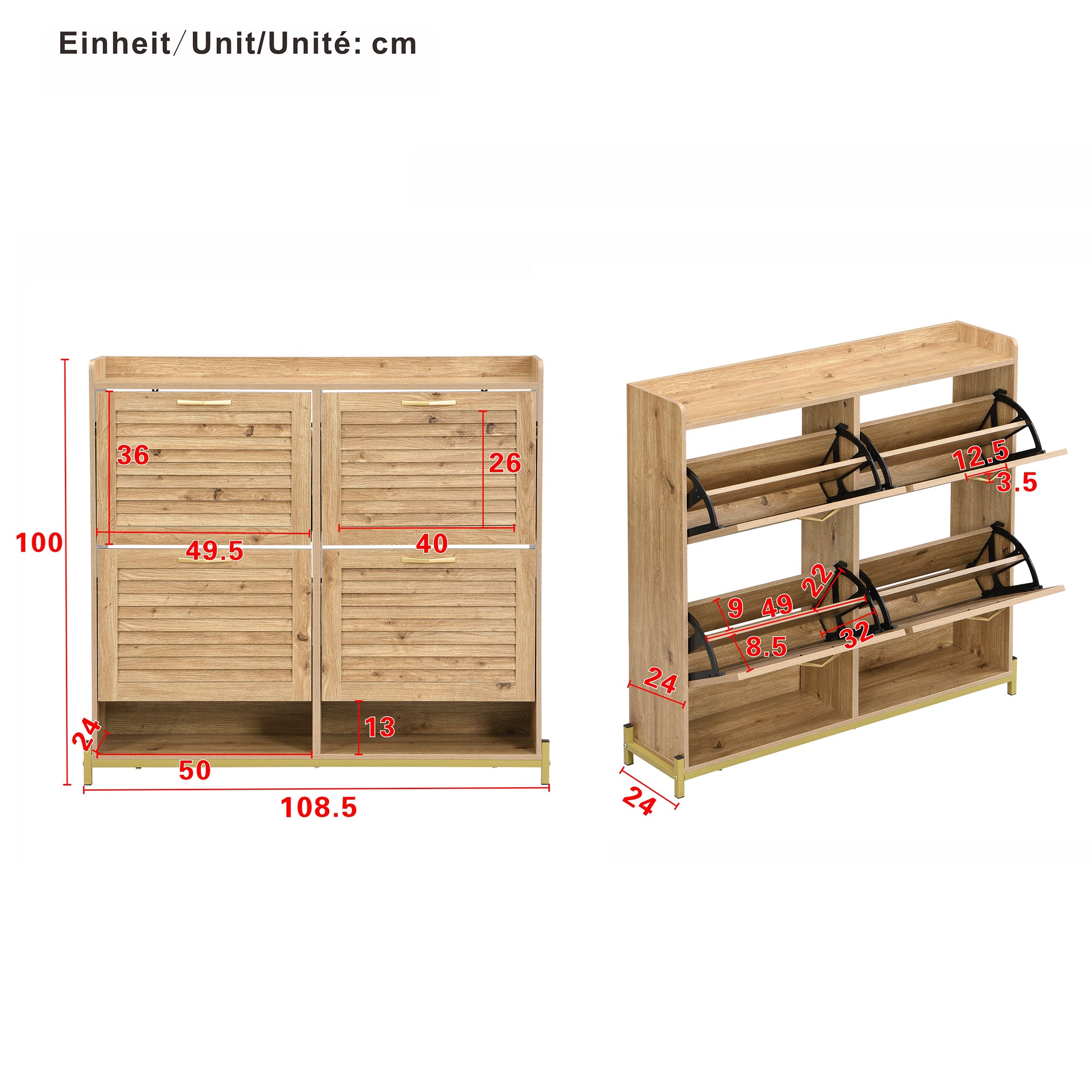 Modern Shoe Cabinet, 4 Doors, Metal Frame, Space-Saving, Wooden Slat
