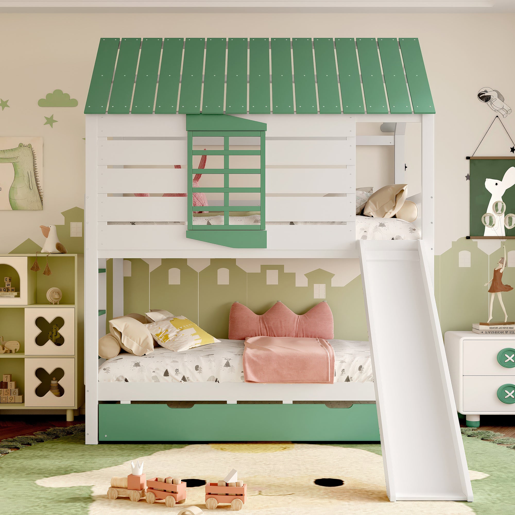 House Bunk Bed, 90X200 with Slide and Pull-Out Bed, White+Green