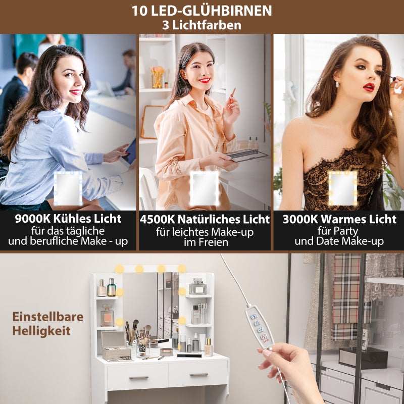 Dressing table with mirror, dimmable LED lights, drawers, shelves, white