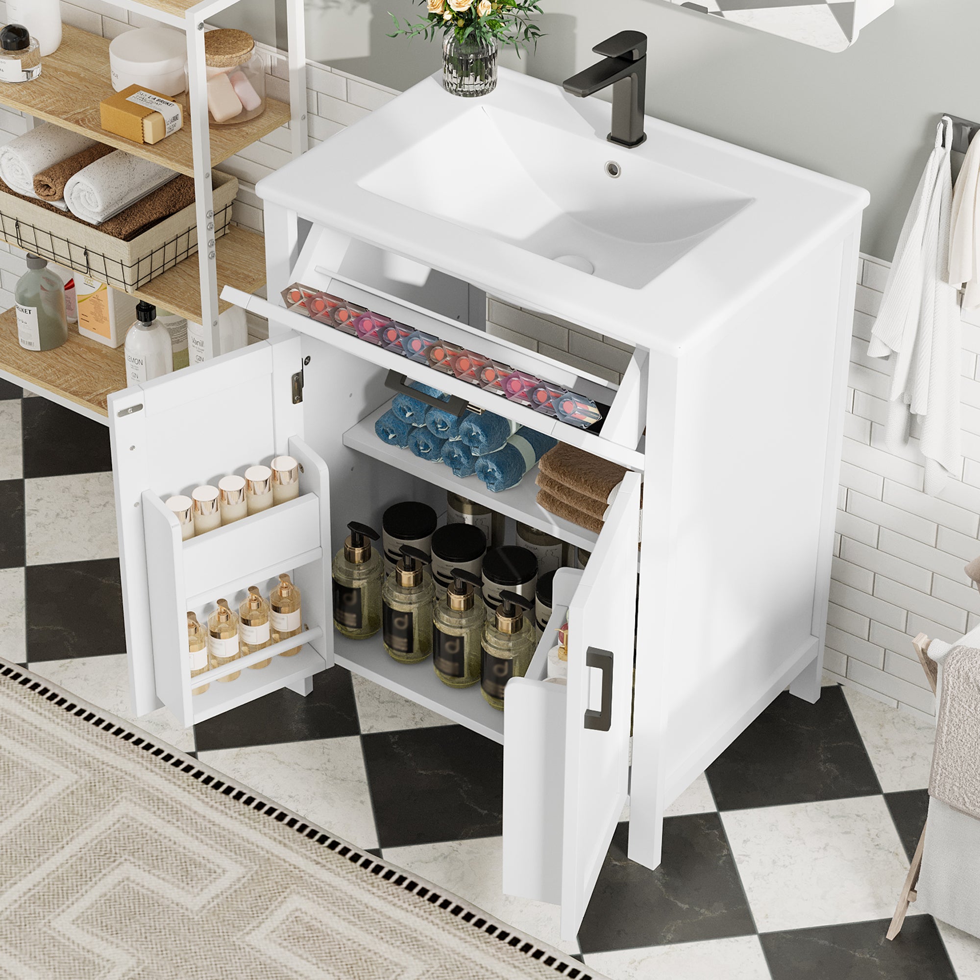 Bathroom Vanity Unit with Ceramic Sink and Adjustable Shelves, White