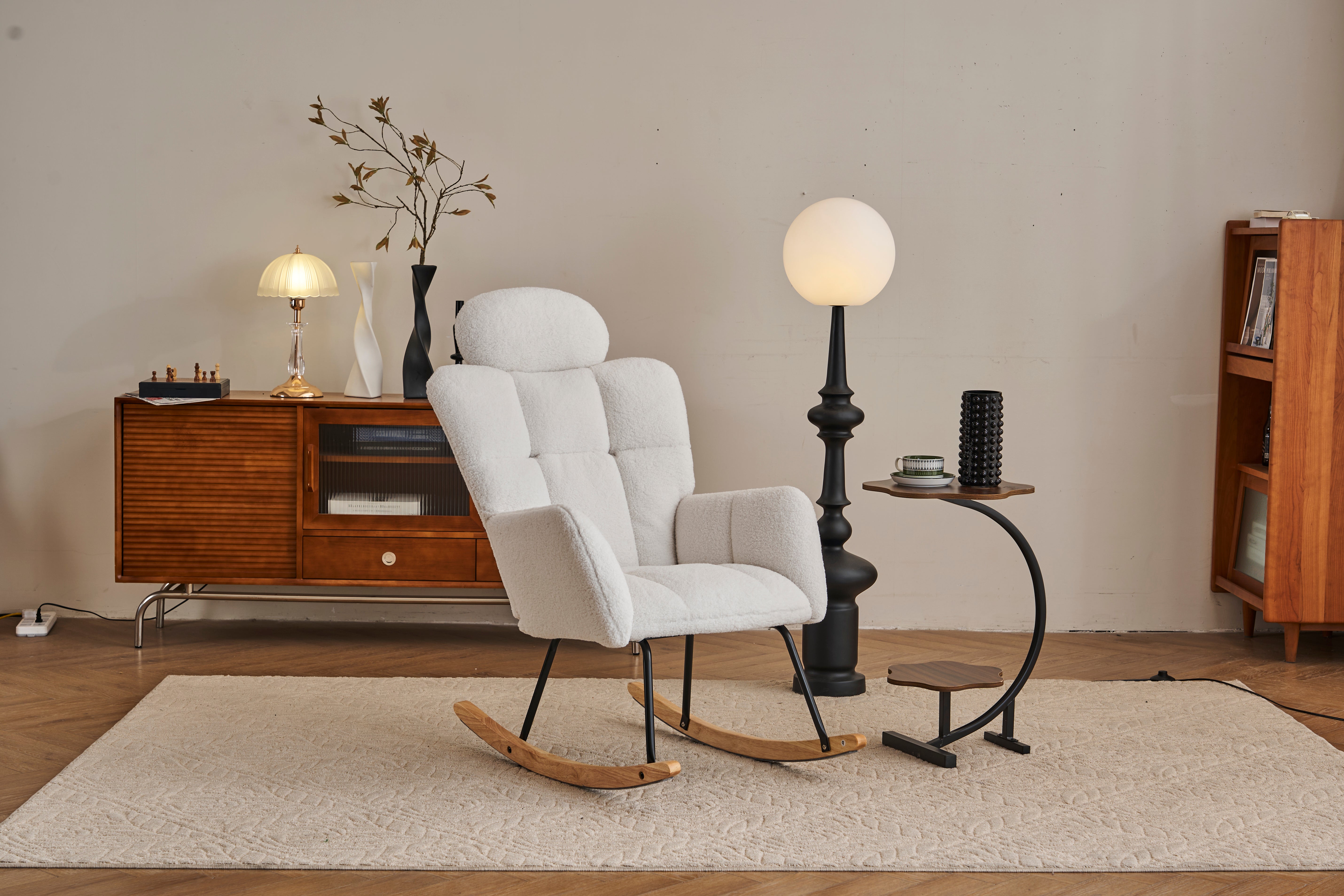 055 Rocking Chair, Tufted Upholstered Seat, White
