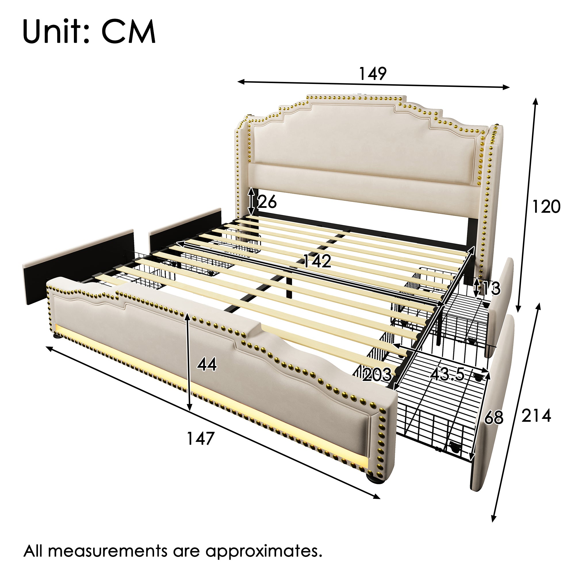 Upholstered Bed 140x200, Double with 4 Drawers, LED, USB-C, Velvet Beige