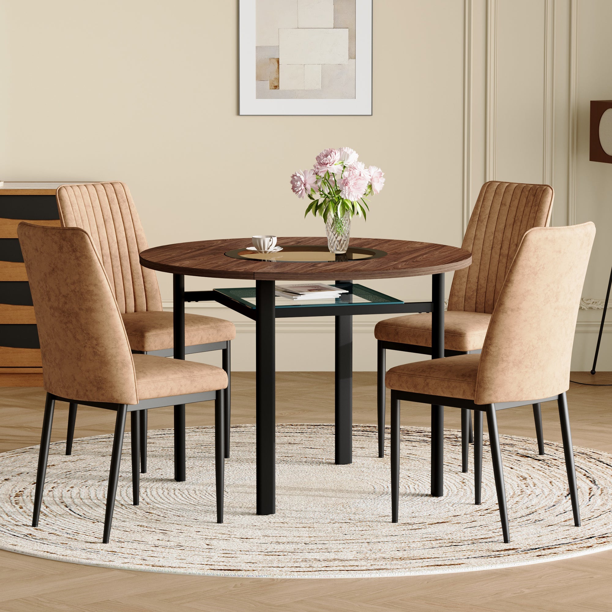 Dining Table Set, Minimalist 85cm Glass Table & 4 Chairs, Brown Tech Fabric