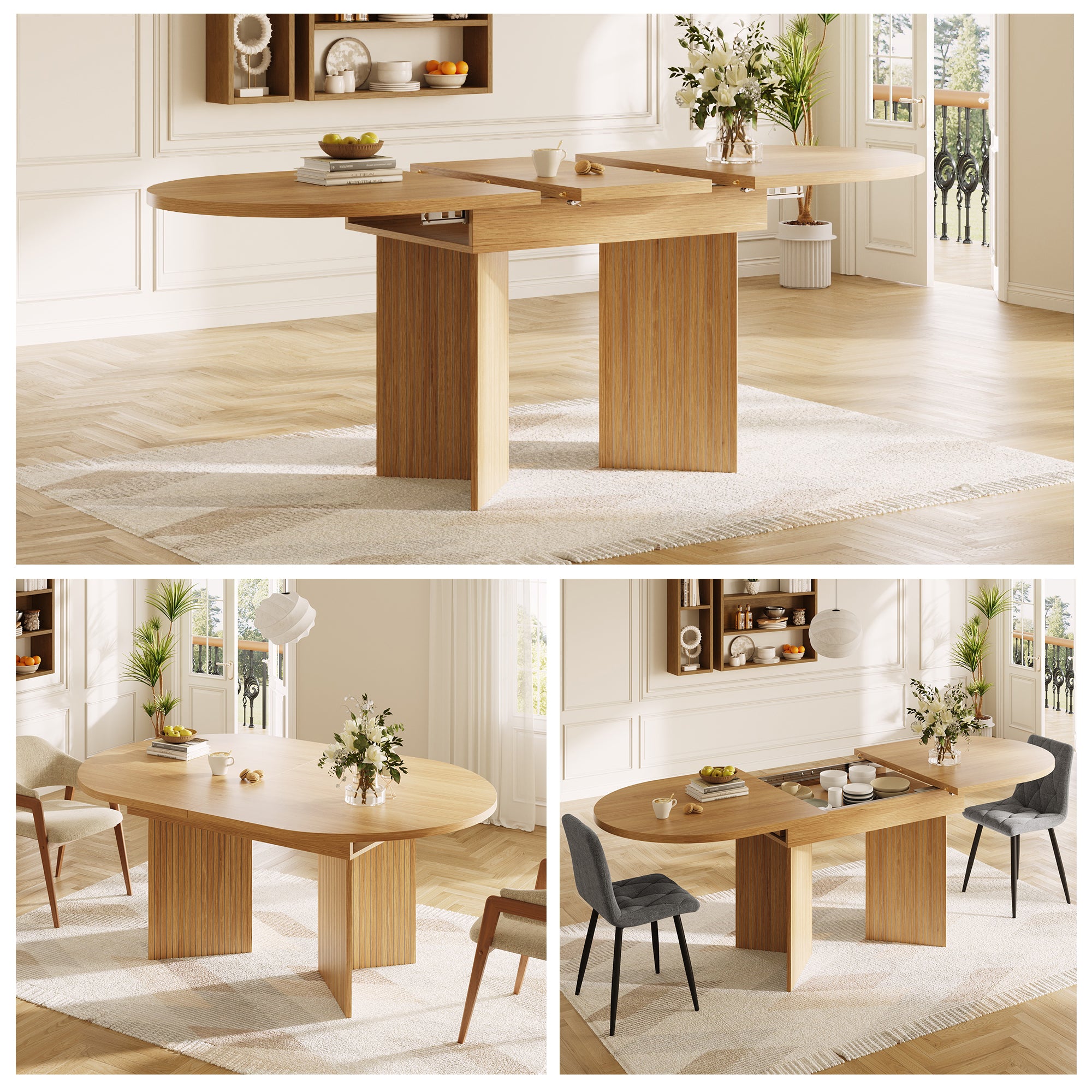 Extendable Dining Table with Internal Extension Leaves, 120-160 x 80 cm, Natural Wood