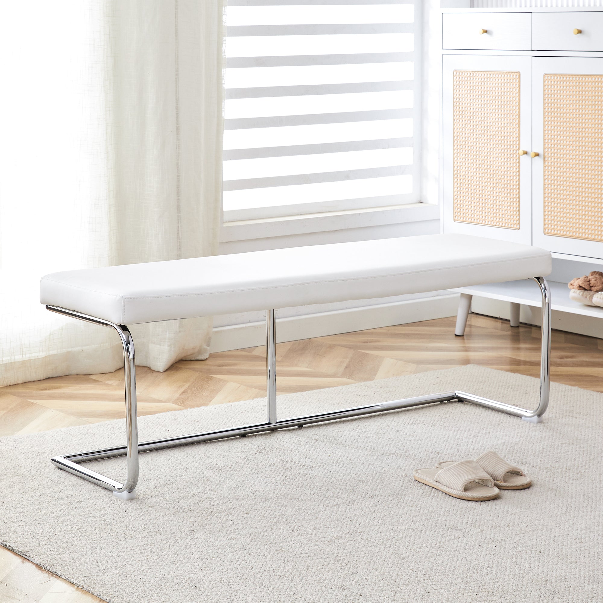 Bench 130cm Modern for Dining Room & Hallway, White Leather