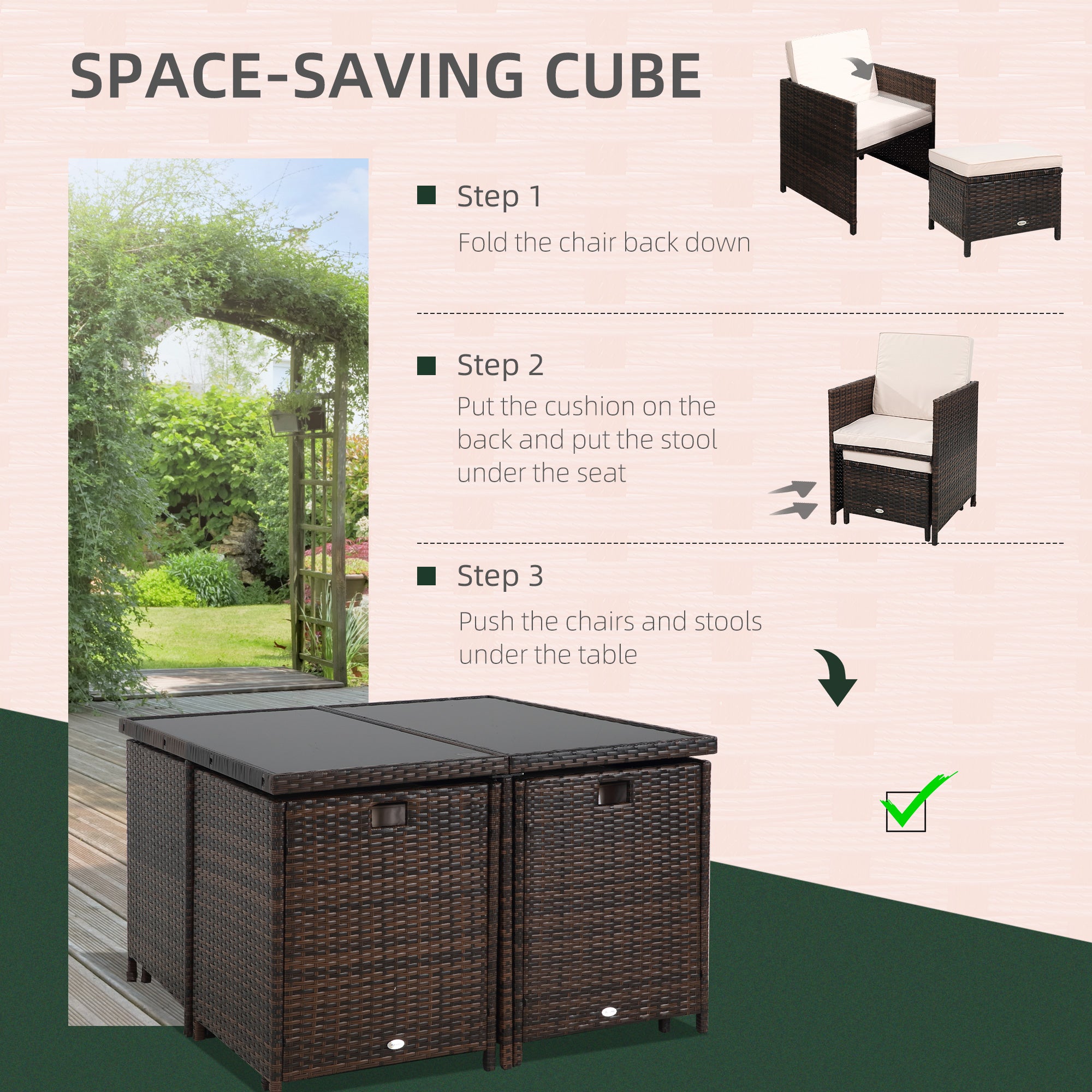 Rattan Cube Garden Furniture Set, 8 Seater Dining Set with Square Glass Top Table, Brown Rattan