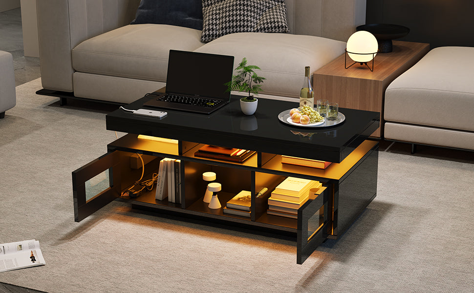 Coffee Table 100x50x43cm High-Gloss LED Lights Charging Port Black