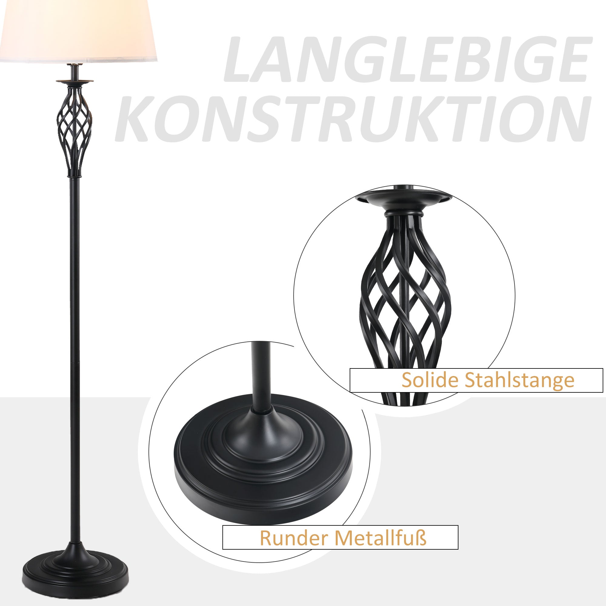 3-Piece Lamp Set: 2 Table Lamps (Ø38cm) & 1 Floor Lamp (Ø62cm), Vintage Black/White Metal/Cotton