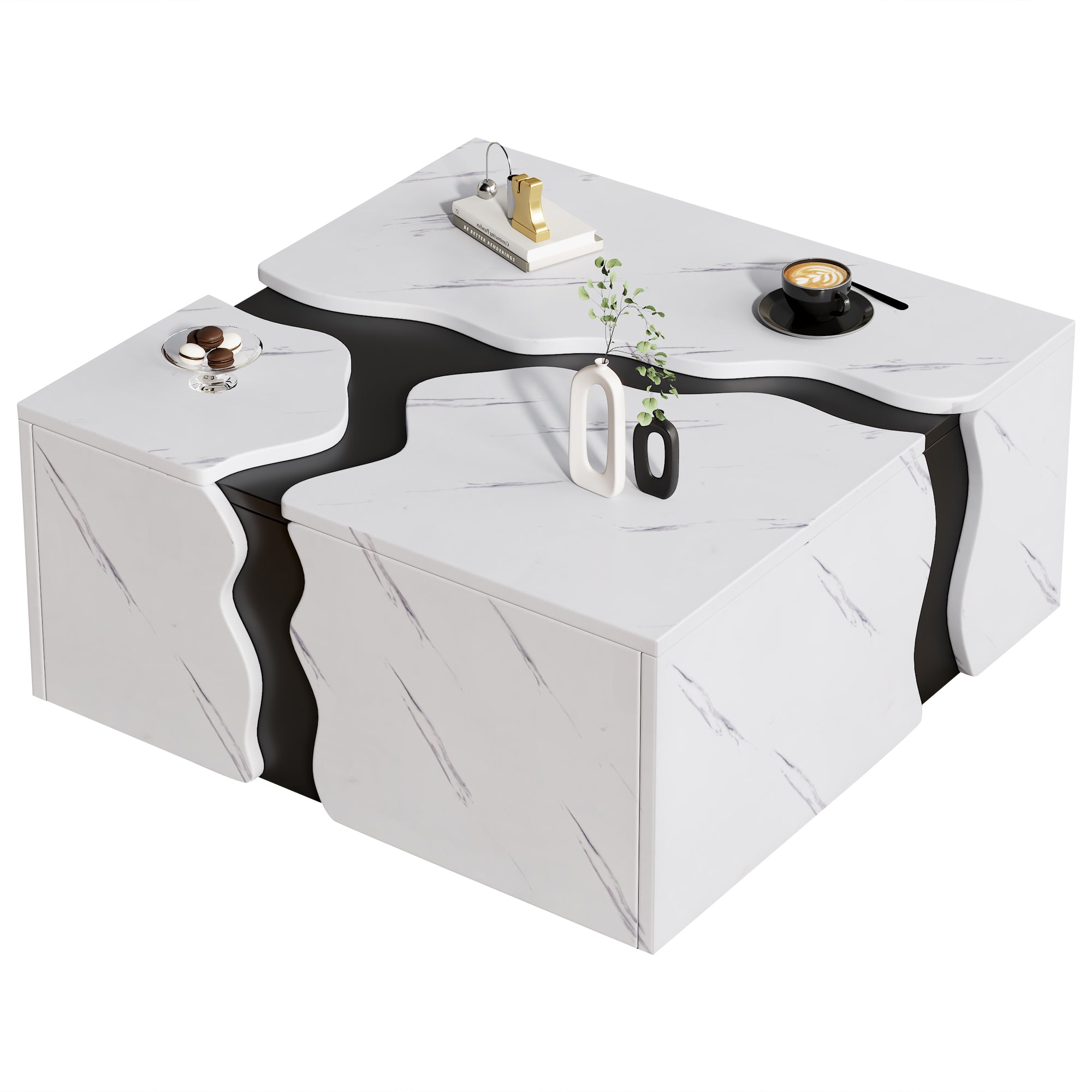 Living Room Coffee Table 70x70x31cm Cube Design Drawer Storage Marble Veneer