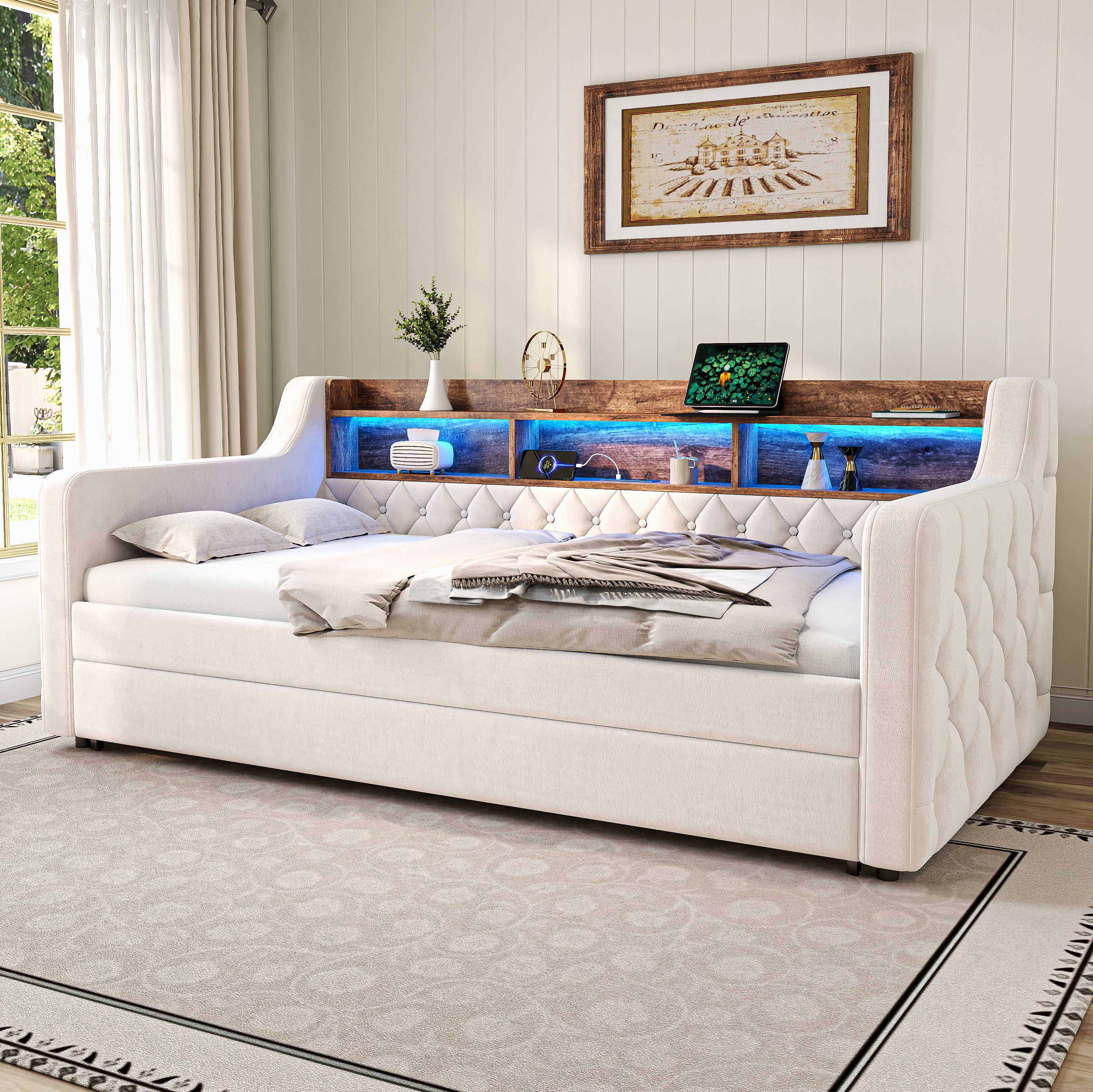 Sofa Bed Space-Saving 90x190cm Storage LED USB-C Port, Velvet Beige