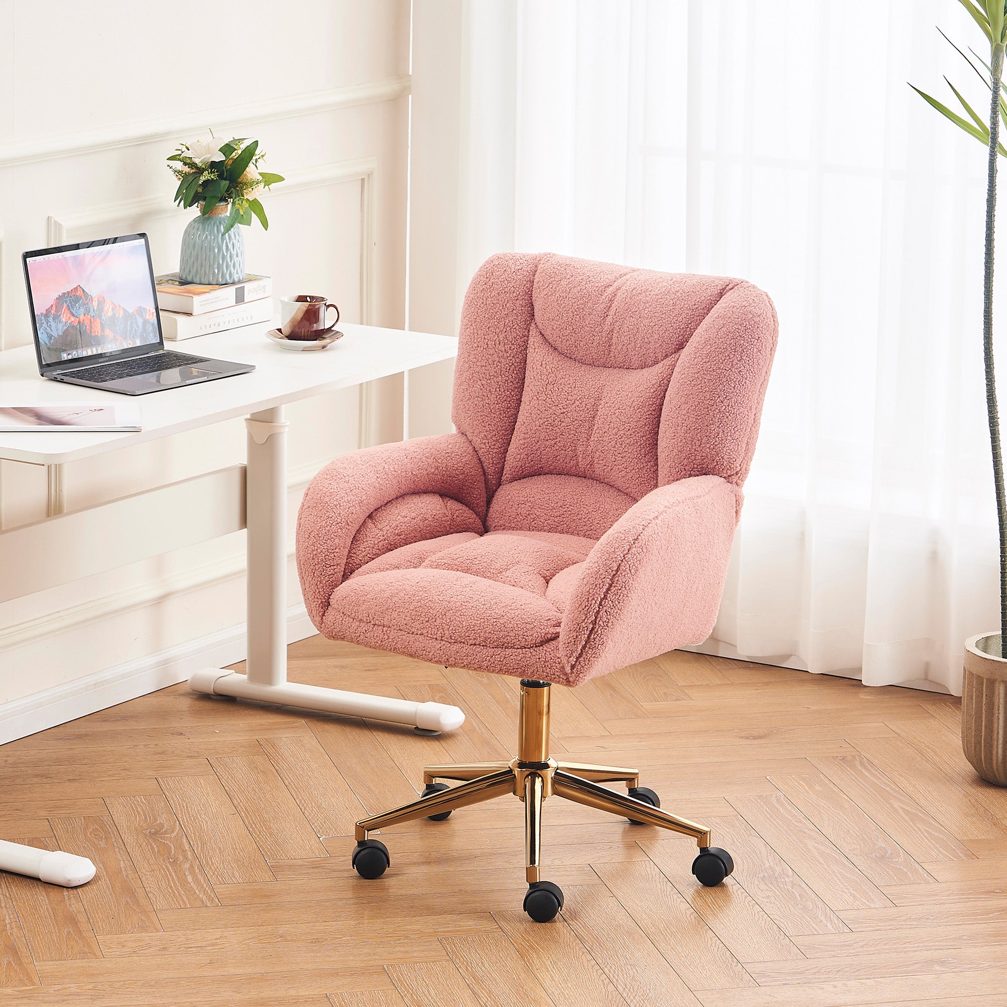 Swivel Chair Height-Adjustable Teddy Fabric Gold Legs - Pink