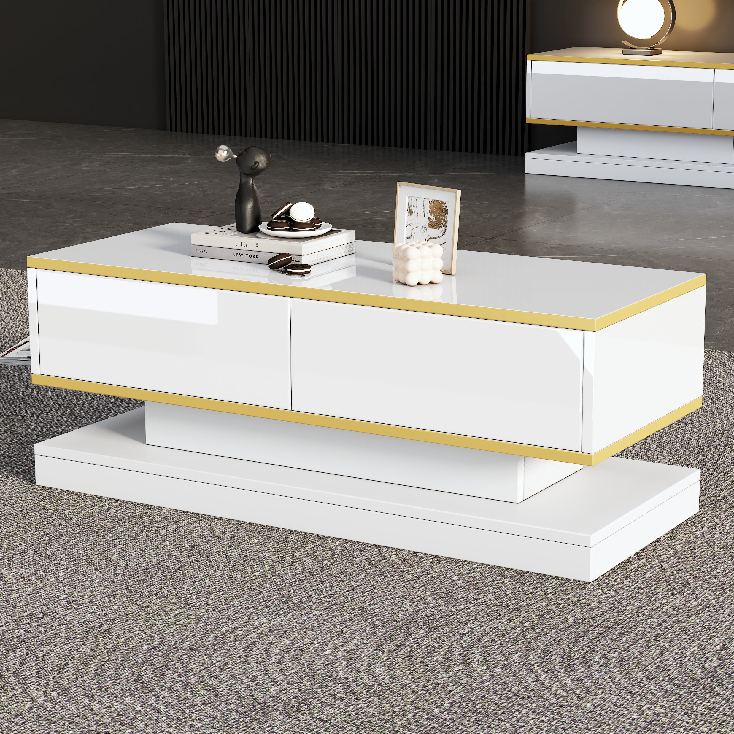 Coffee Table 100x50x38cm High Gloss with 2 Drawers, Warm White and Gold Edge