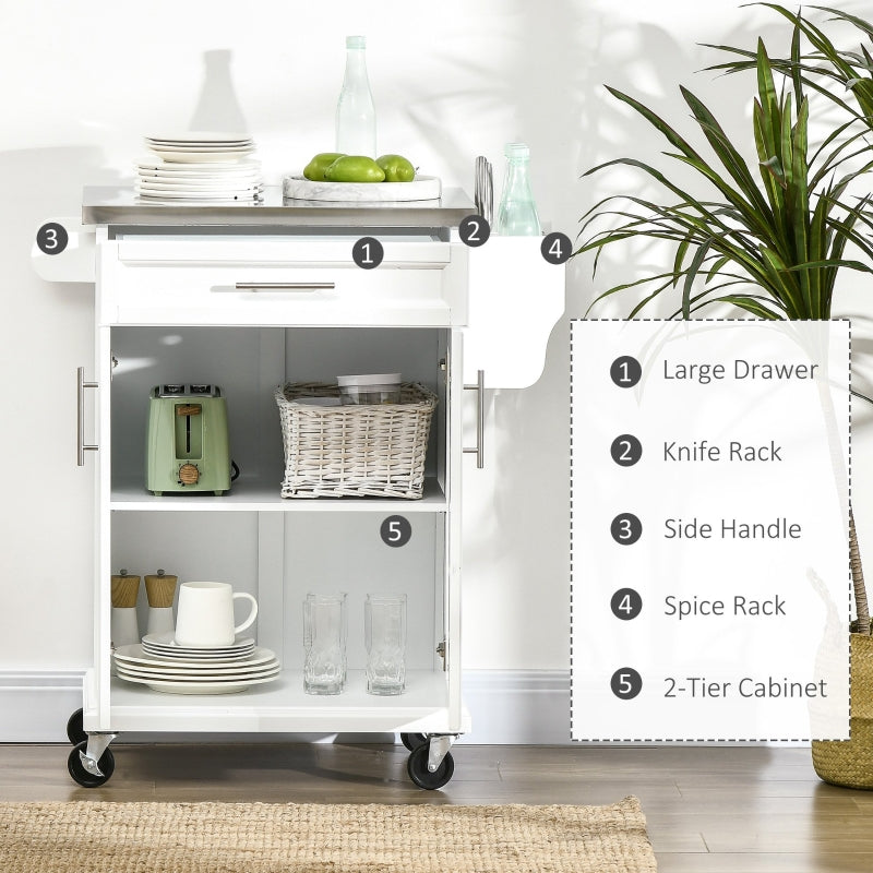 Wooden Kitchen Island Serving Cart Storage Trolley with Stainless Steel Top, Drawer, and Rack, White
