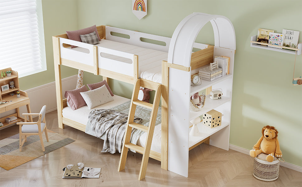 Bunk Bed with Shelf, Rail, & Ladder, Pine + MDF + Plywood, White + Natural