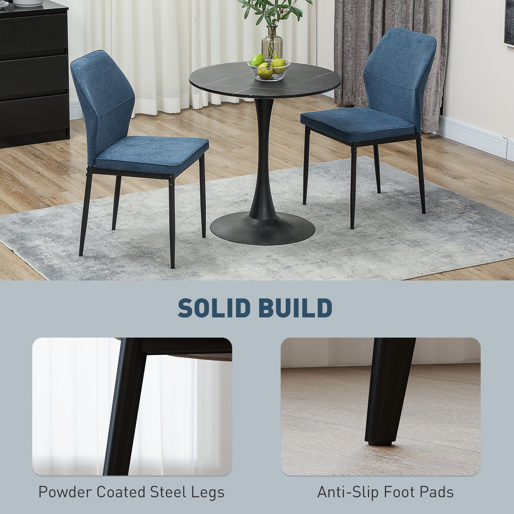 Velvet Dining Chairs Set of 2, Upholstered with Metal Legs, Blue