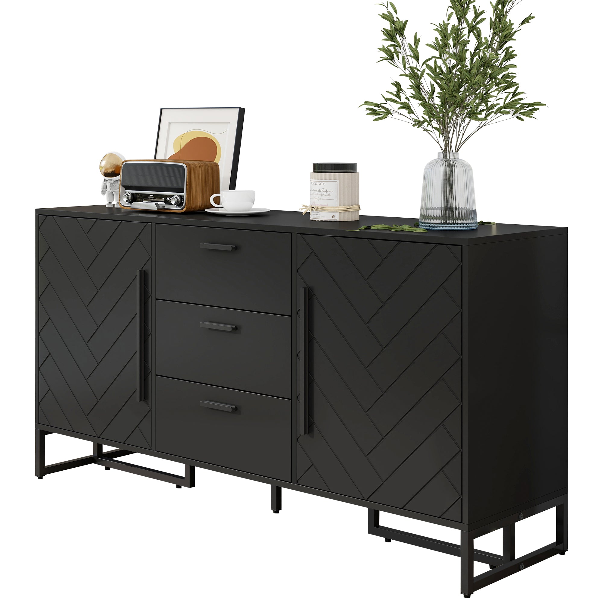 Sideboard Herringbone Pattern 2 Doors 3 Drawers Black