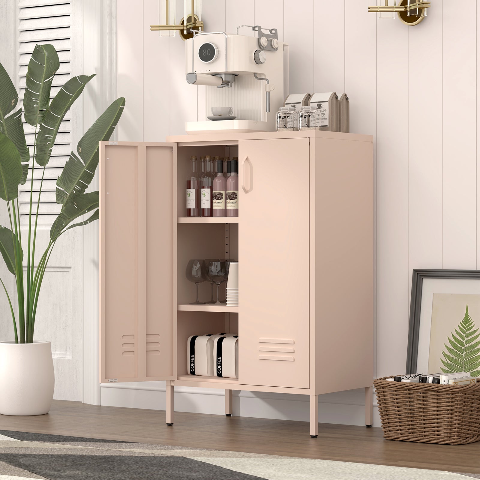 2 Door Metal Storage Cabinet with 2 Adjustable Shelves, Pink