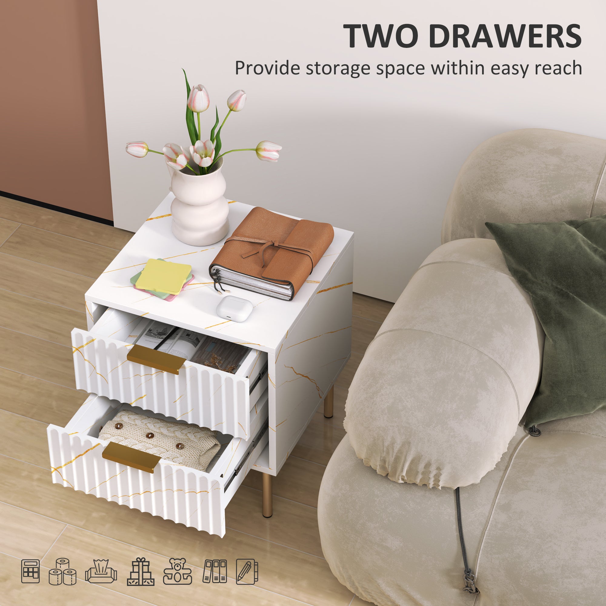 Bedside Table Two-Drawer Elegant - White