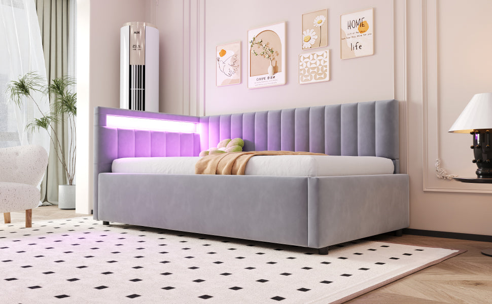 Upholstered Sofa Bed 90x200 with LED Lighting & Hydraulic Storage, Light Grey Velvet