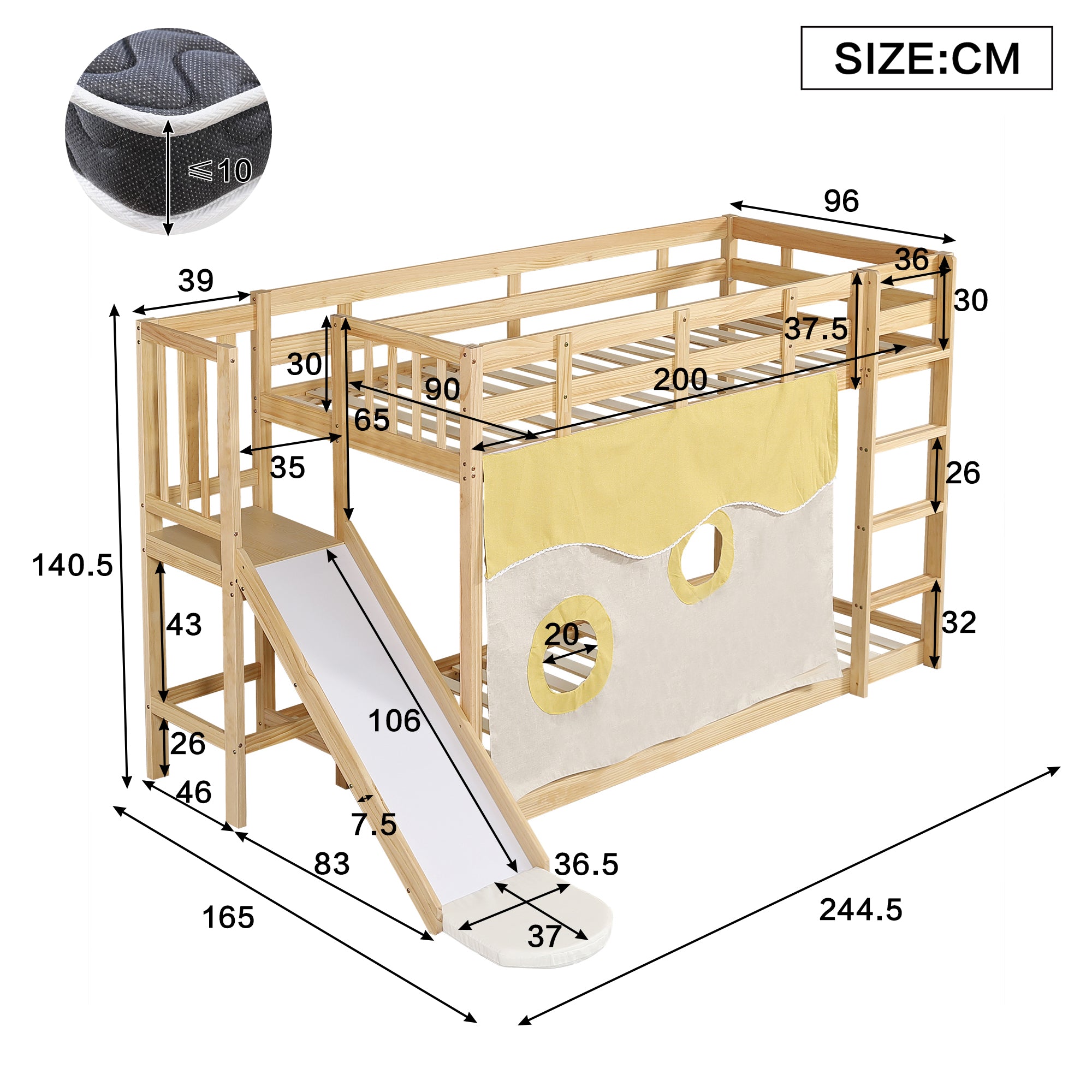 Bunk Bed with Stairs, Slide & Curtains, MDF+Pine, Natural