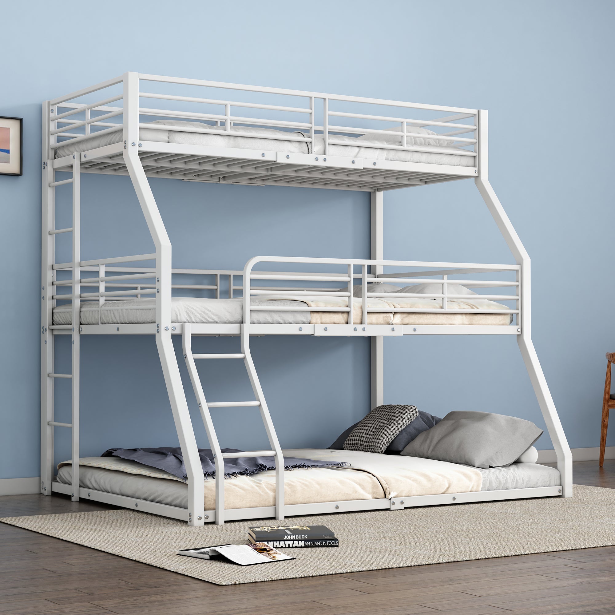 Triple Bunk Bed Metal Frame Multi-Size - White