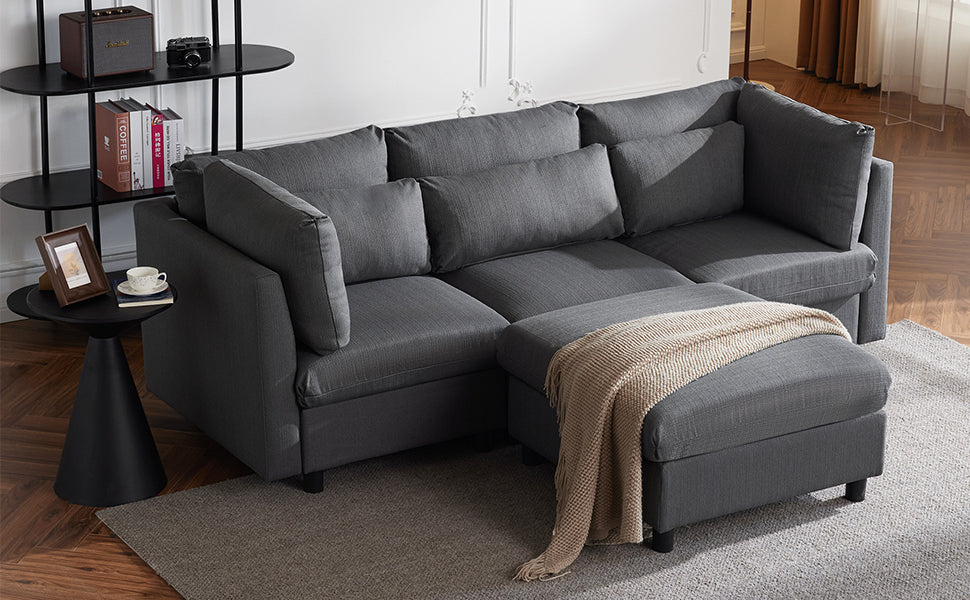 Sofa, Three-Seater L-Shaped Corner with Footstool, Upholstered