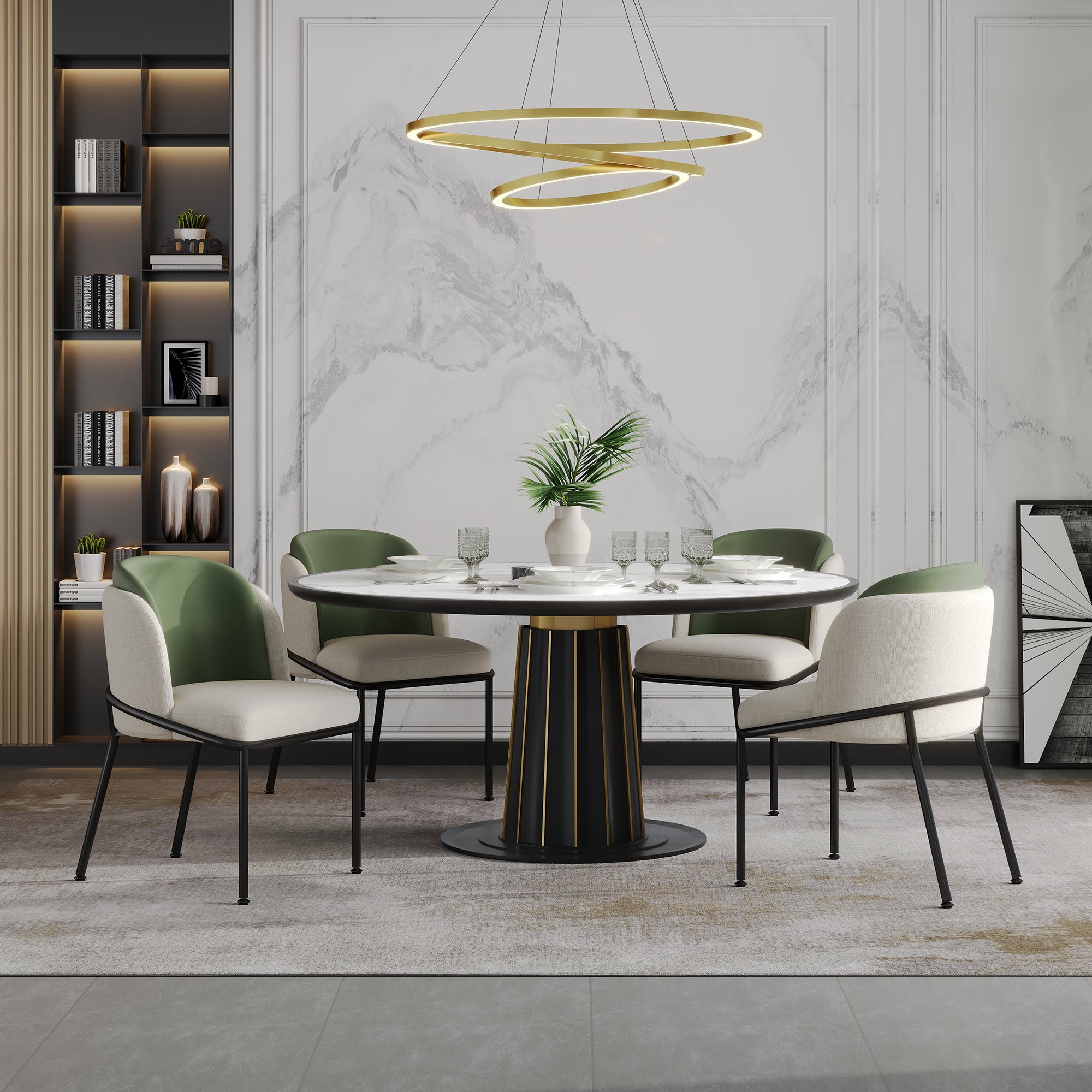 Modern Chairs, 4-Pack Angled Legs Adjustable Feet, Beige+Green PVC Faux Leather