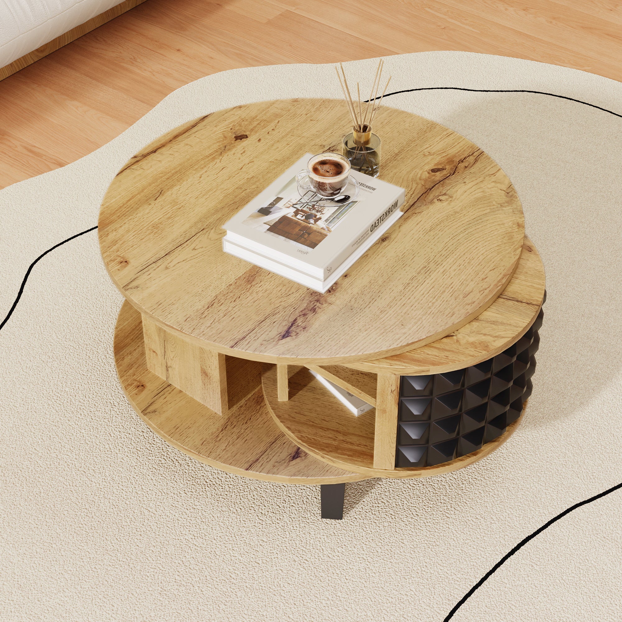 Coffee Table Rotating Side Table with Hidden Storage