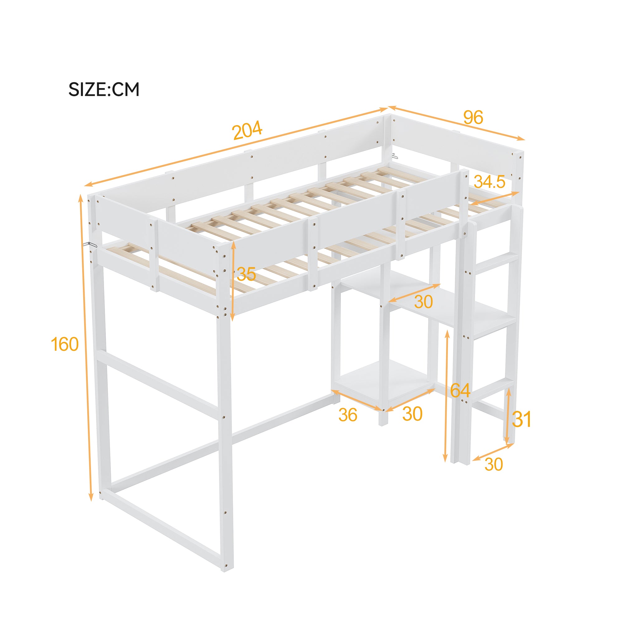 Loft Bed 90x200cm Storage Slatted Base - White Pine Wood