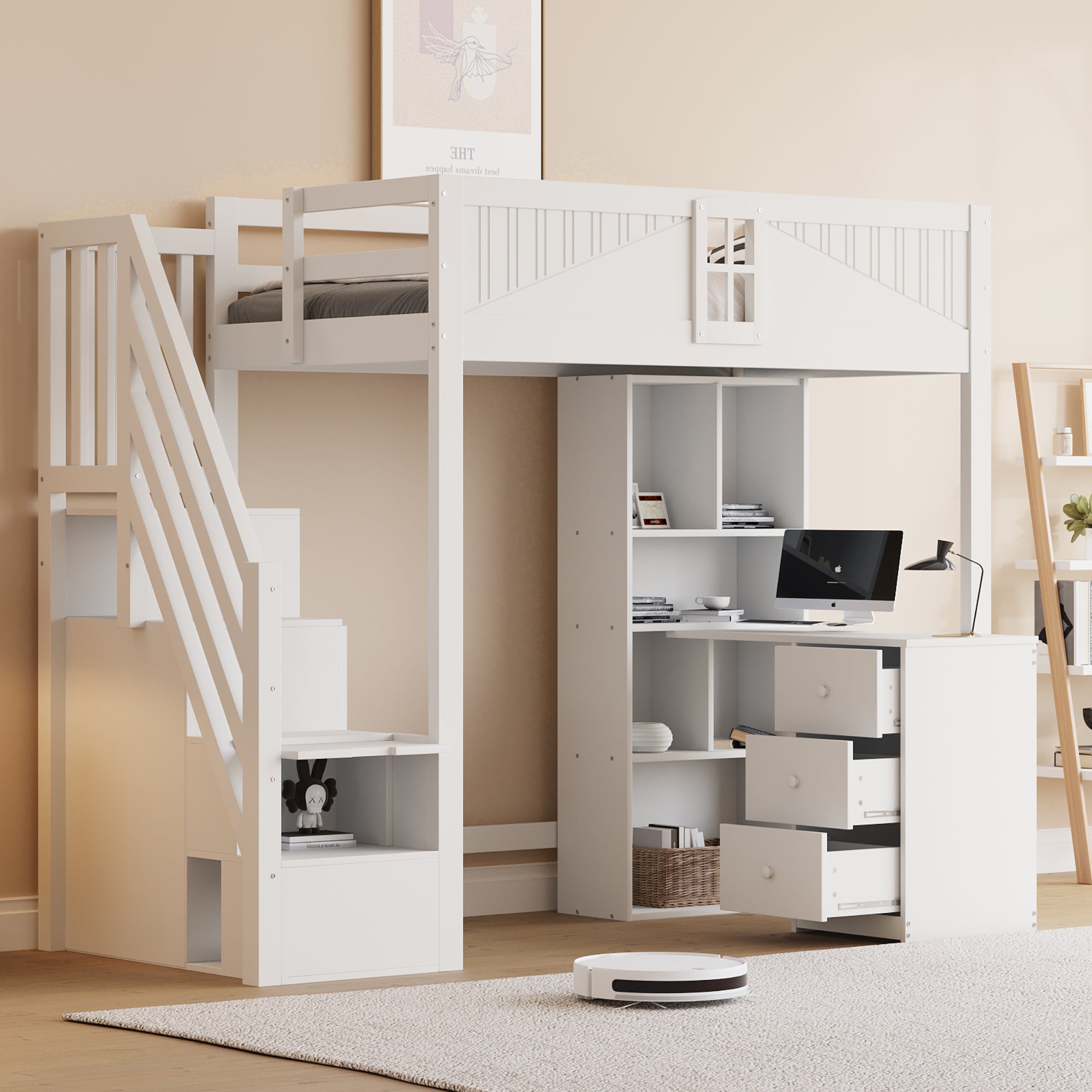 Loft Bed, 90x200cm with Storage, Desk, Drawers, White Solid Wood