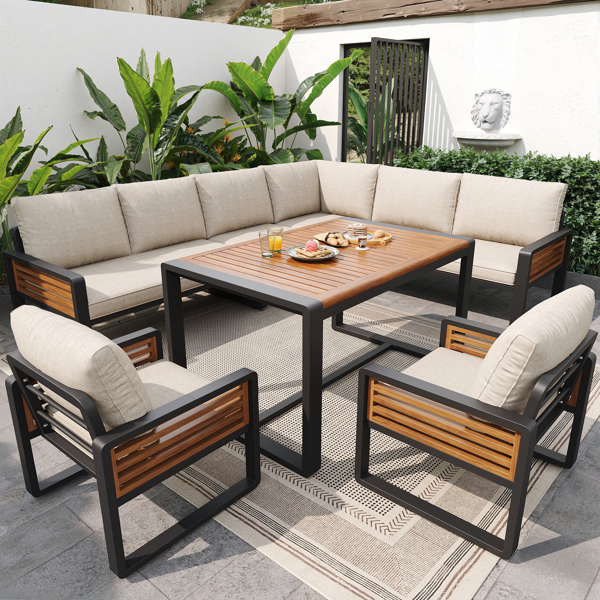 Garden Lounge Set with Solid Wood Dining Table for 8 People, Beige