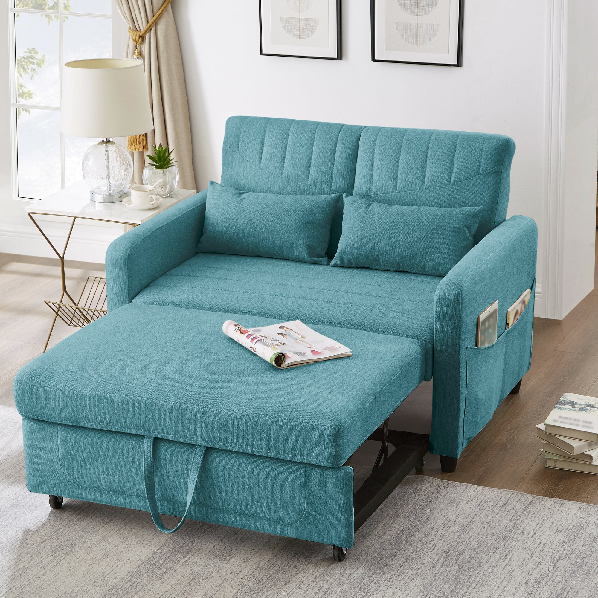Sofa Bed, Two-Seater Folding Extendable, Three-Level Adjustable Backrest, Cotton Linen Fabric