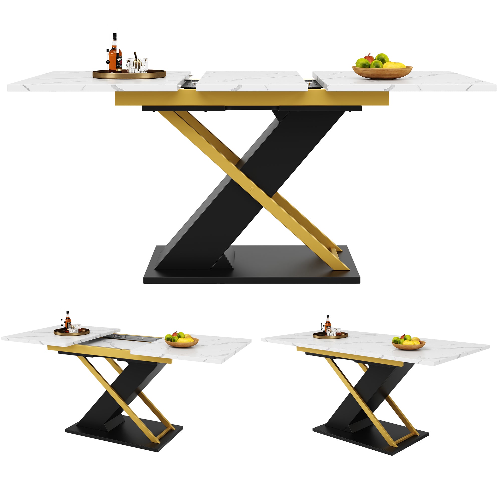 Extendable Dining Table, 120-160 x 80 cm, with Golden Cross Legs